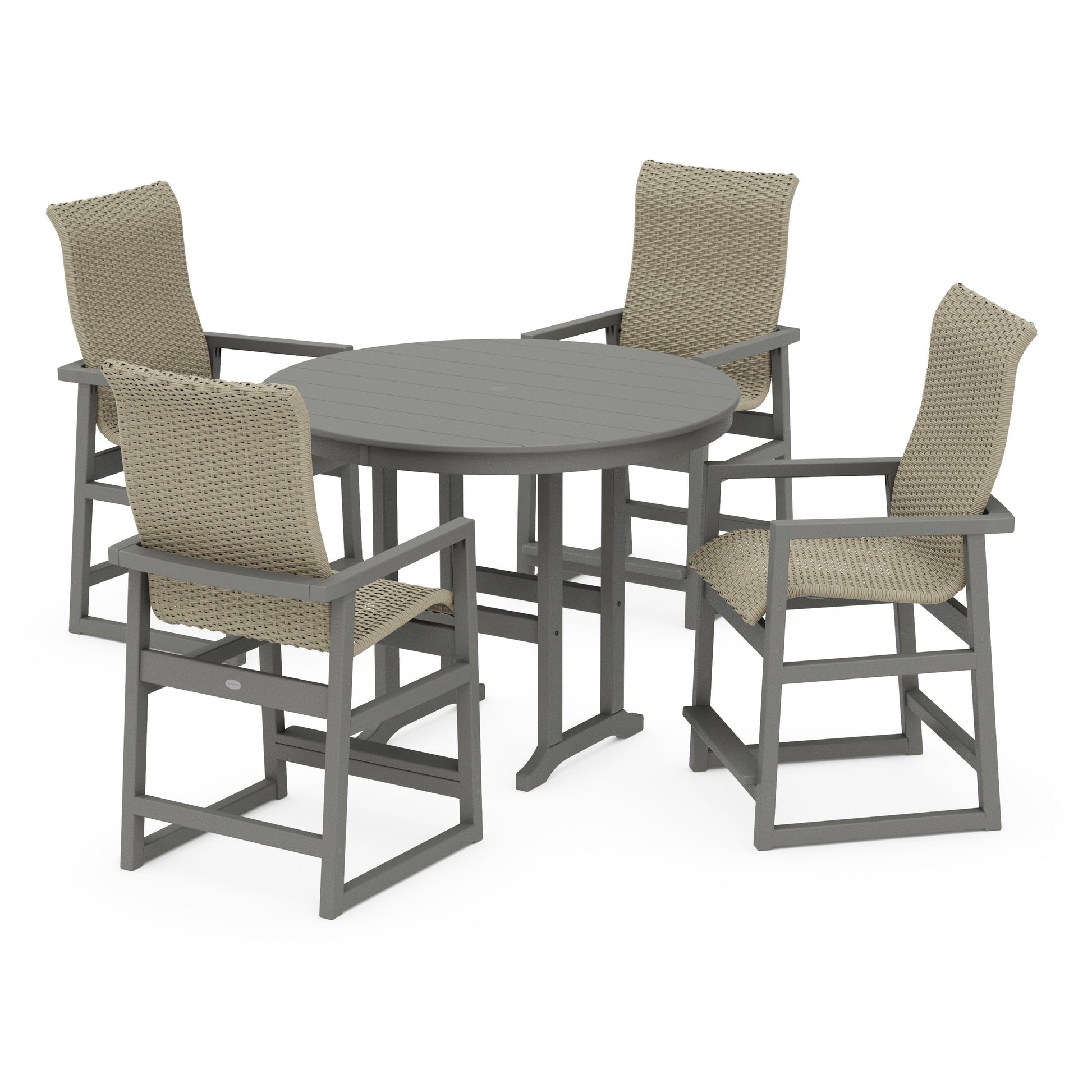 POLYWOOD EDGE Woven Highback 5-Piece Round Farmhouse Counter Set — Slate Grey / Dune Grass