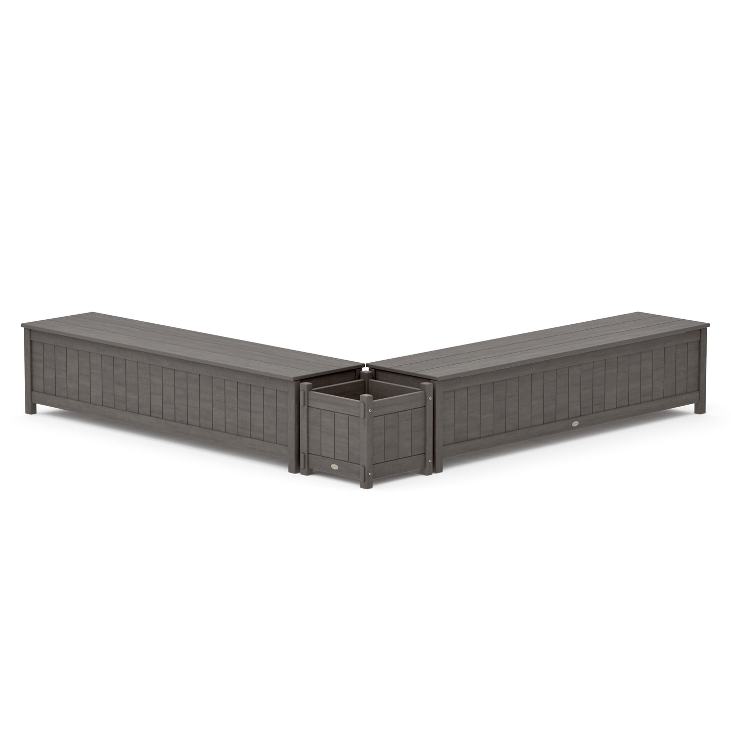 POLYWOOD 72" Vineyard L- Shaped Planter Storage Bench Set — Driftwood