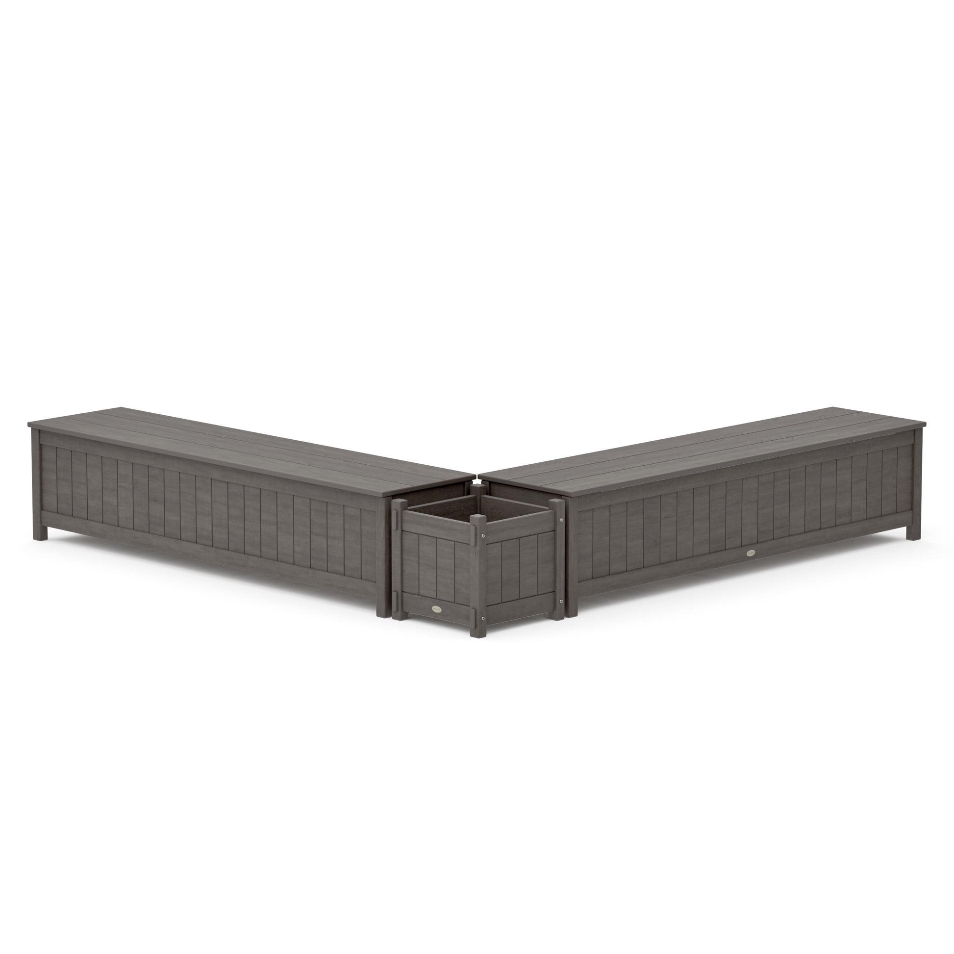 POLYWOOD 72" Vineyard L- Shaped Planter Storage Bench Set — Driftwood