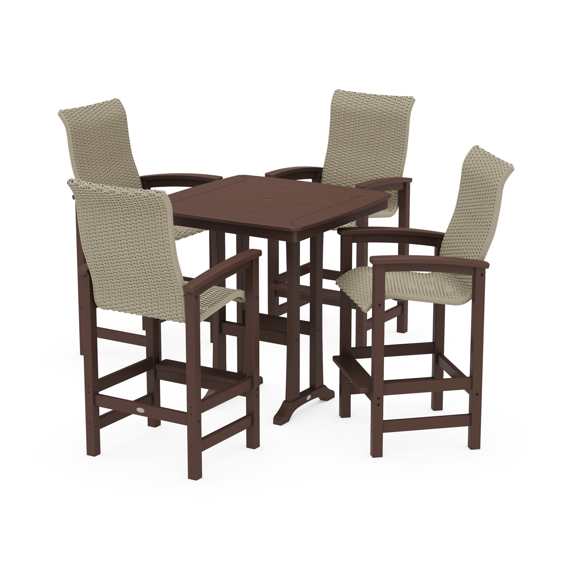 POLYWOOD Coastal Woven High-Back 5-Piece Bar Set with Trestle Legs — Mahogany / Dune Grass