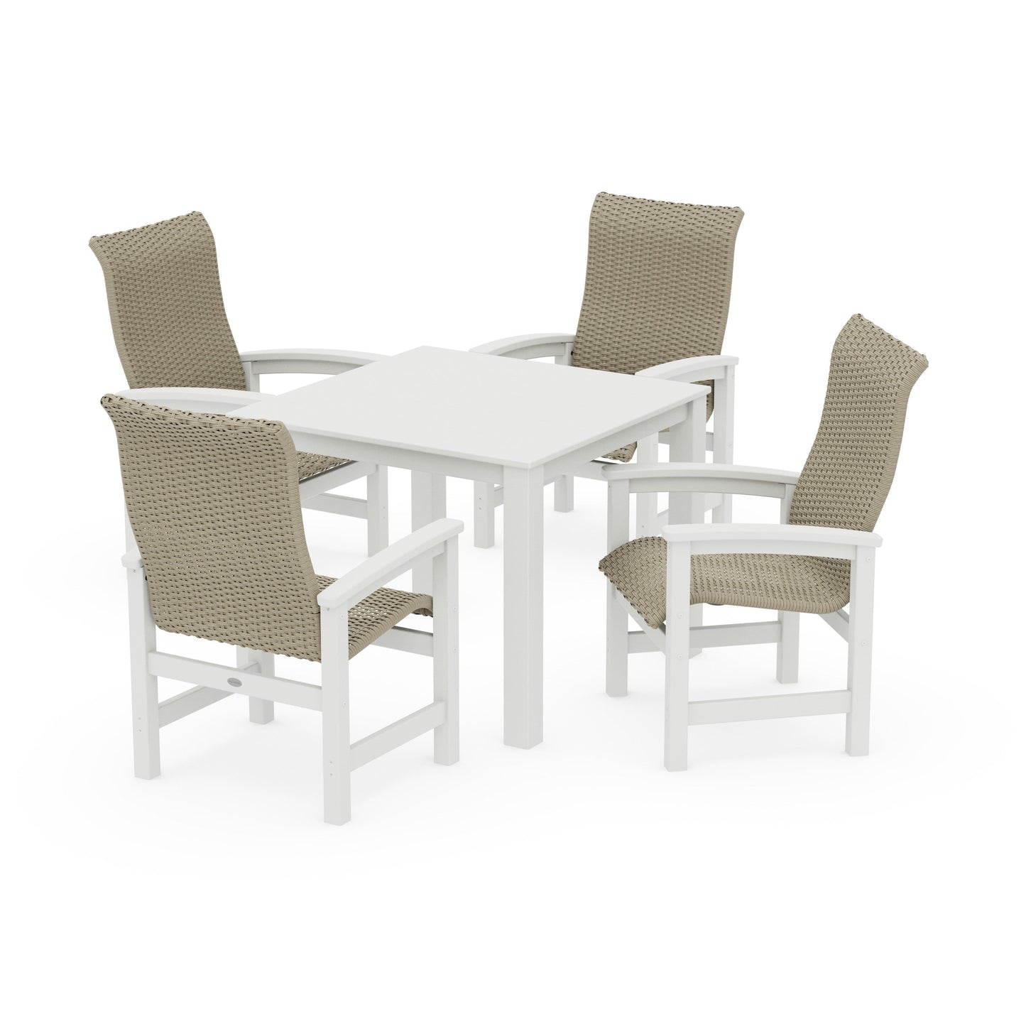 POLYWOOD Coastal Woven High-Back 5-Piece Parsons Dining Set — Vintage White / Dune Grass