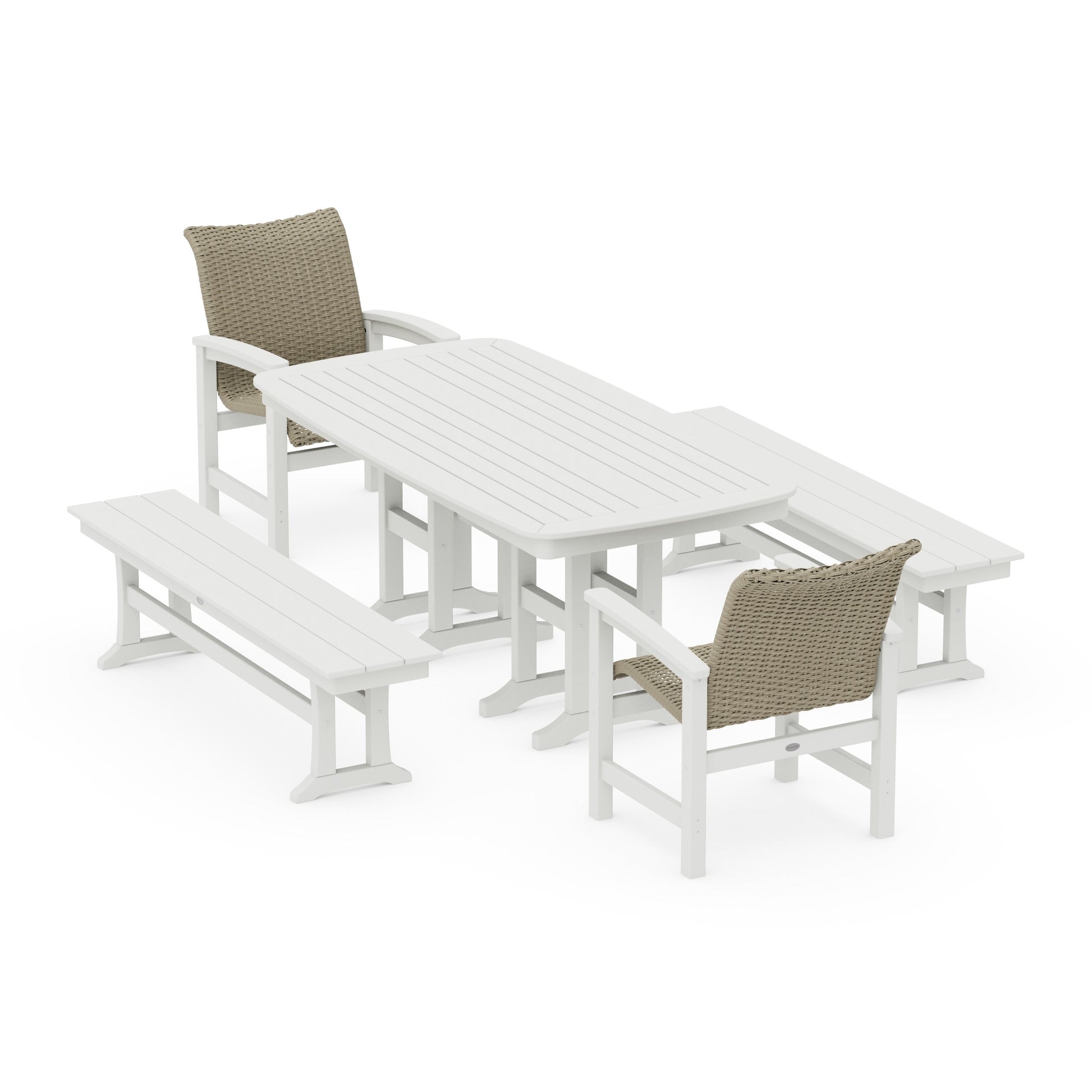 POLYWOOD Coastal Woven 5-Piece Dining Set with Benches — White / Dune Grass