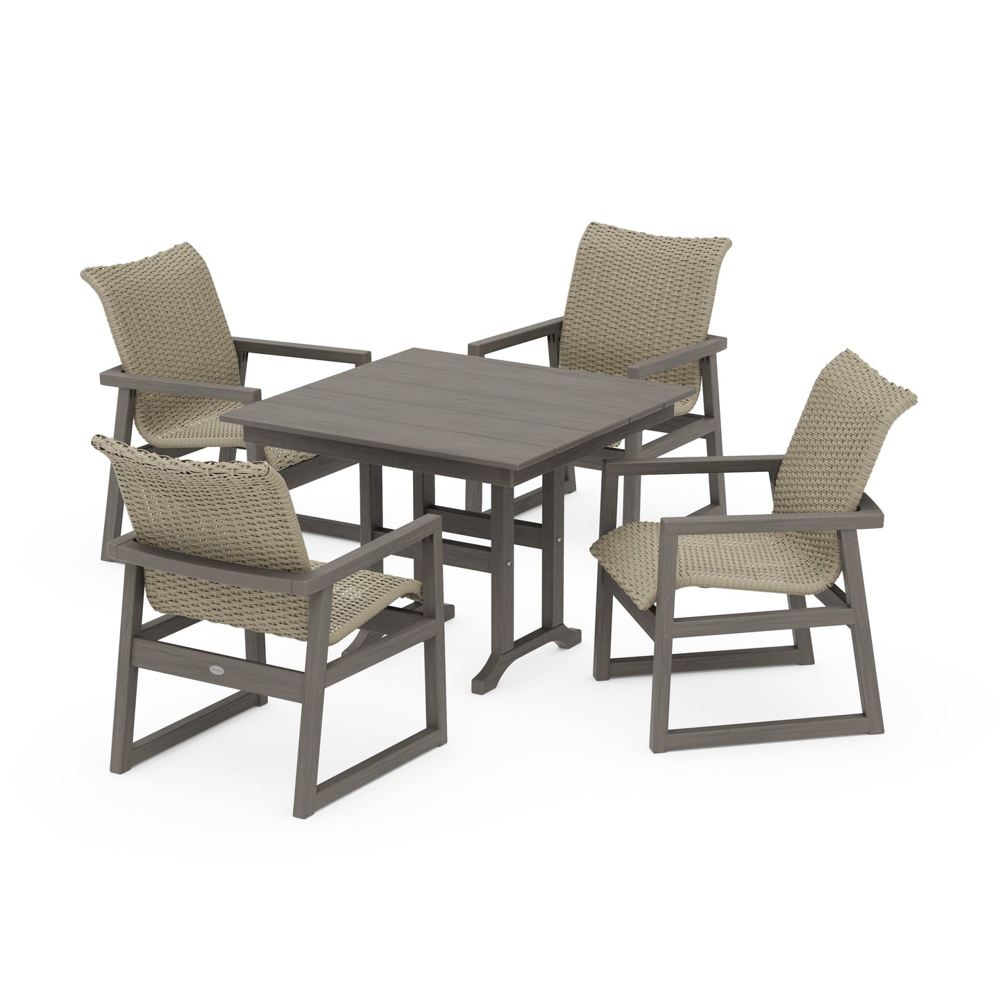 POLYWOOD EDGE Woven 5-Piece Farmhouse Dining Set — Driftwood / Dune Grass