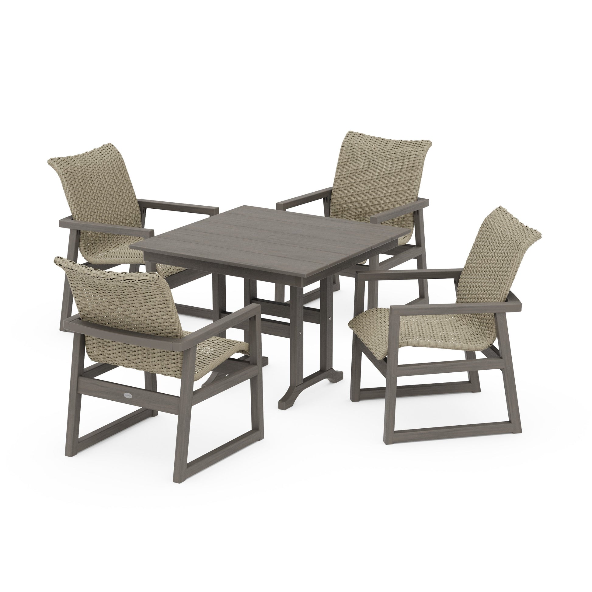 POLYWOOD EDGE Woven 5-Piece Farmhouse Dining Set — Driftwood / Dune Grass
