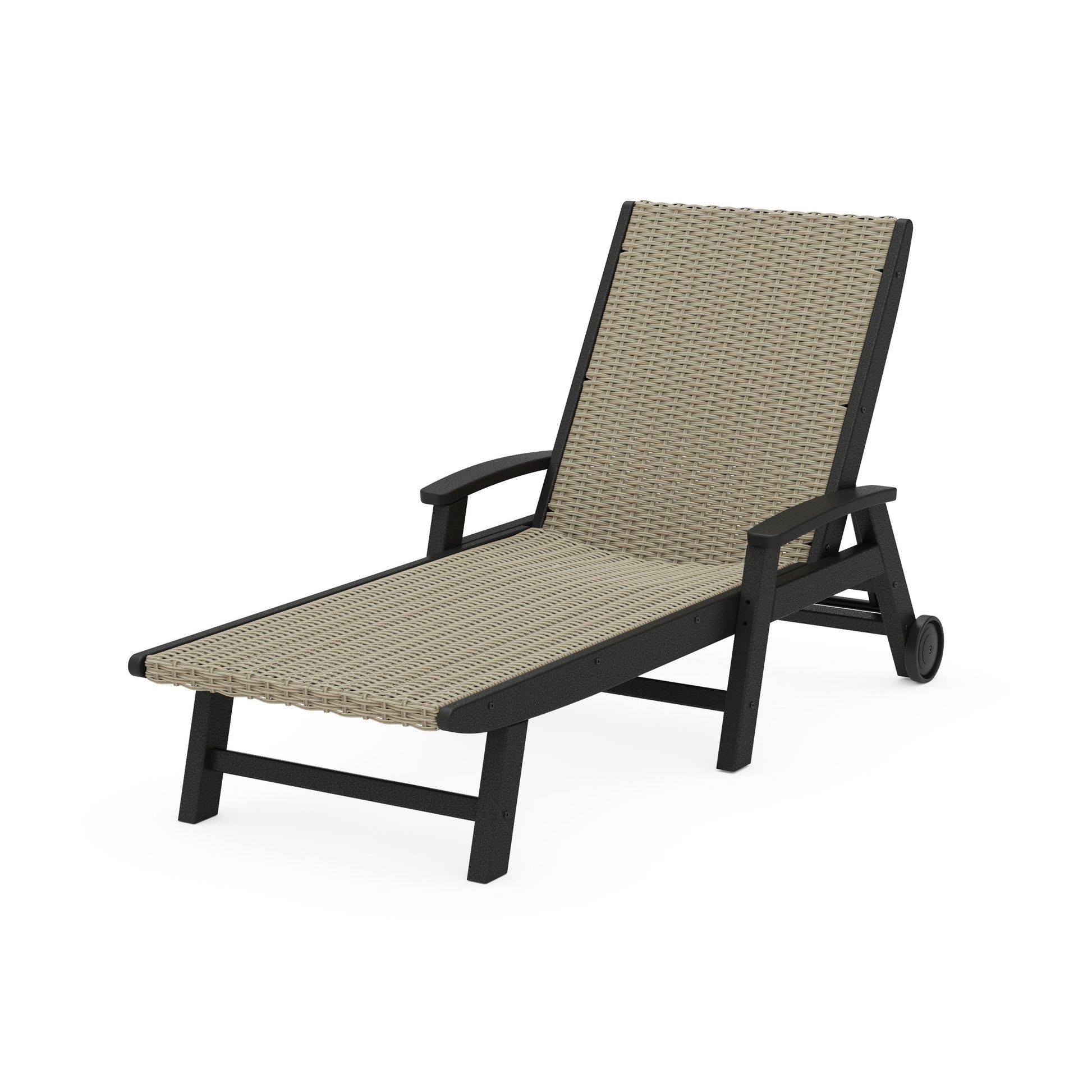 POLYWOOD Coastal Woven Chaise with Arms and Wheels — Black / Dune Grass