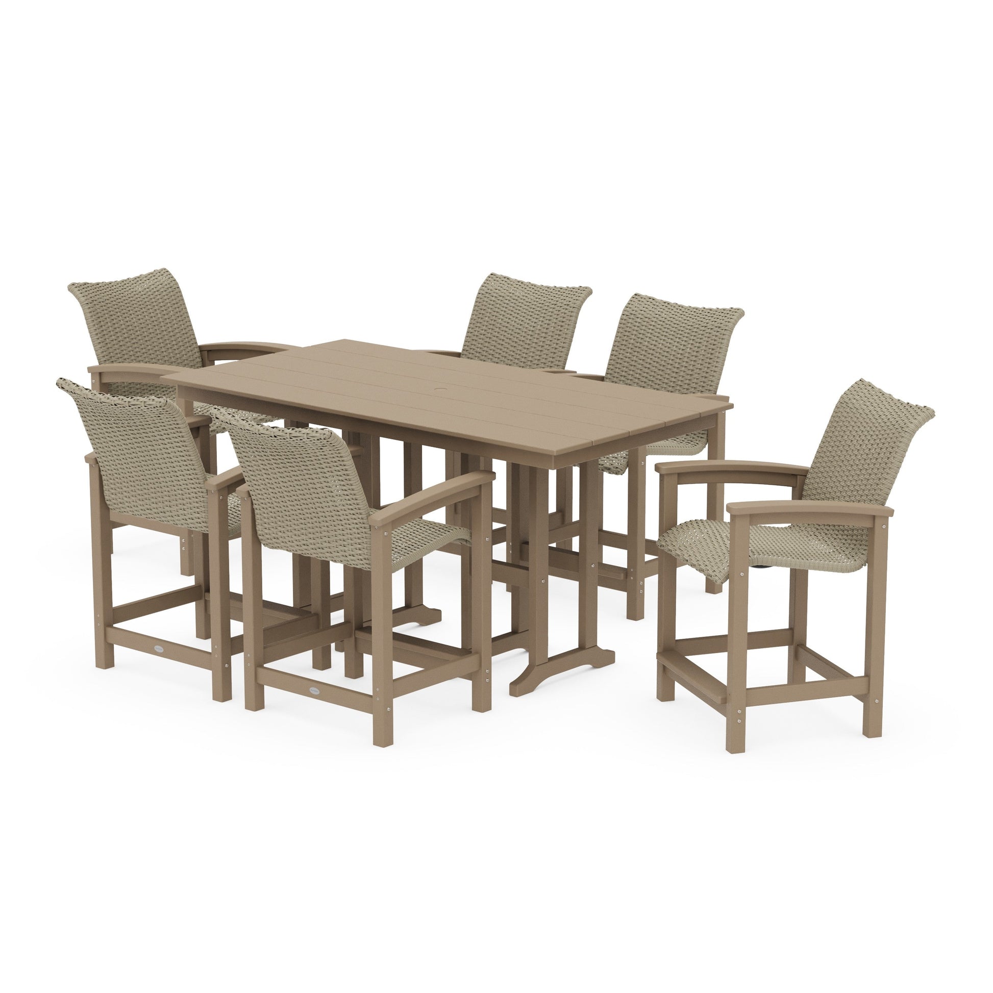 POLYWOOD Coastal Woven Arm Chair 7-Piece Farmhouse Counter Set — Vintage Sahara / Dune Grass