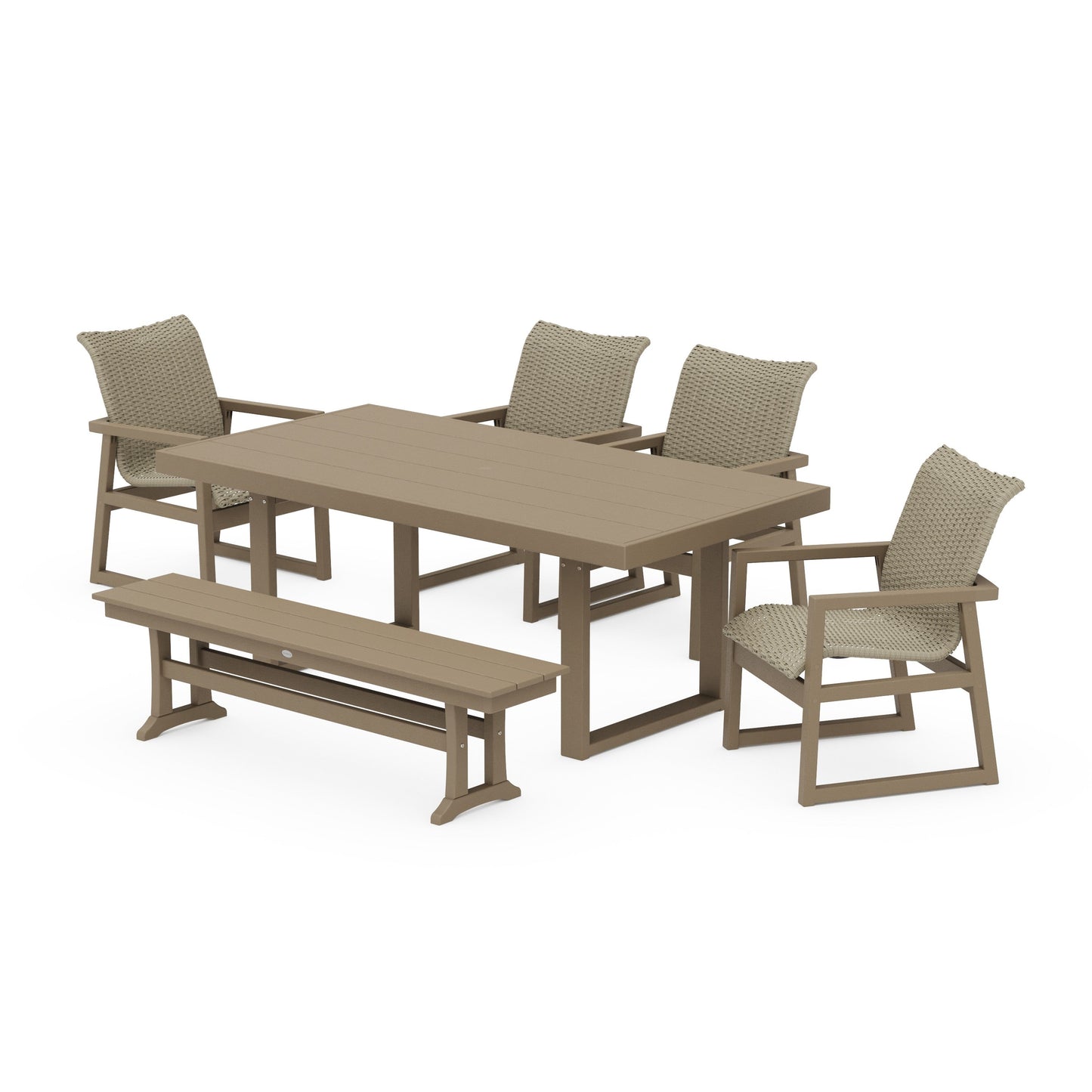 POLYWOOD EDGE Woven 6-Piece Dining Set with Bench — Vintage Sahara / Dune Grass