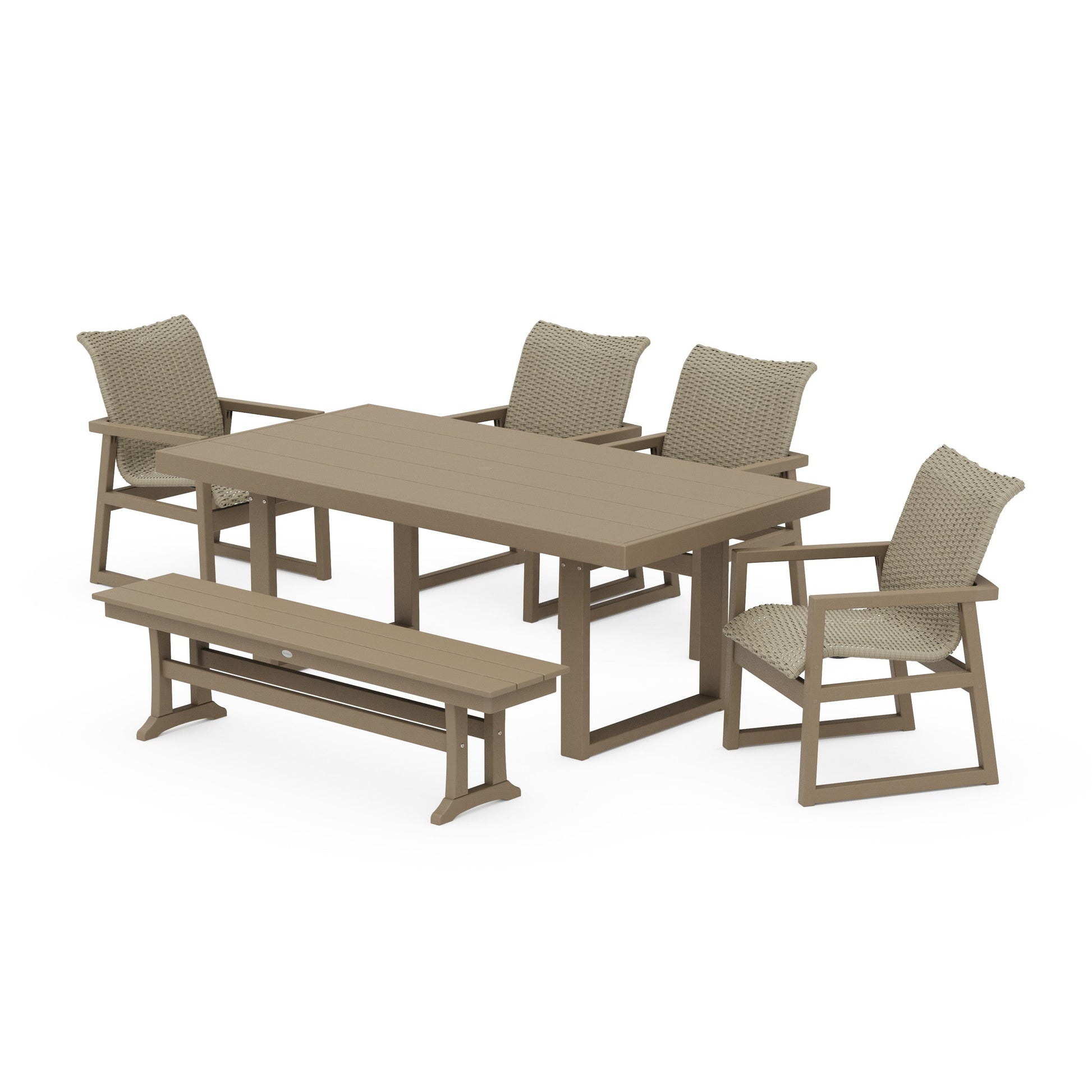 POLYWOOD EDGE Woven 6-Piece Dining Set with Bench — Vintage Sahara / Dune Grass