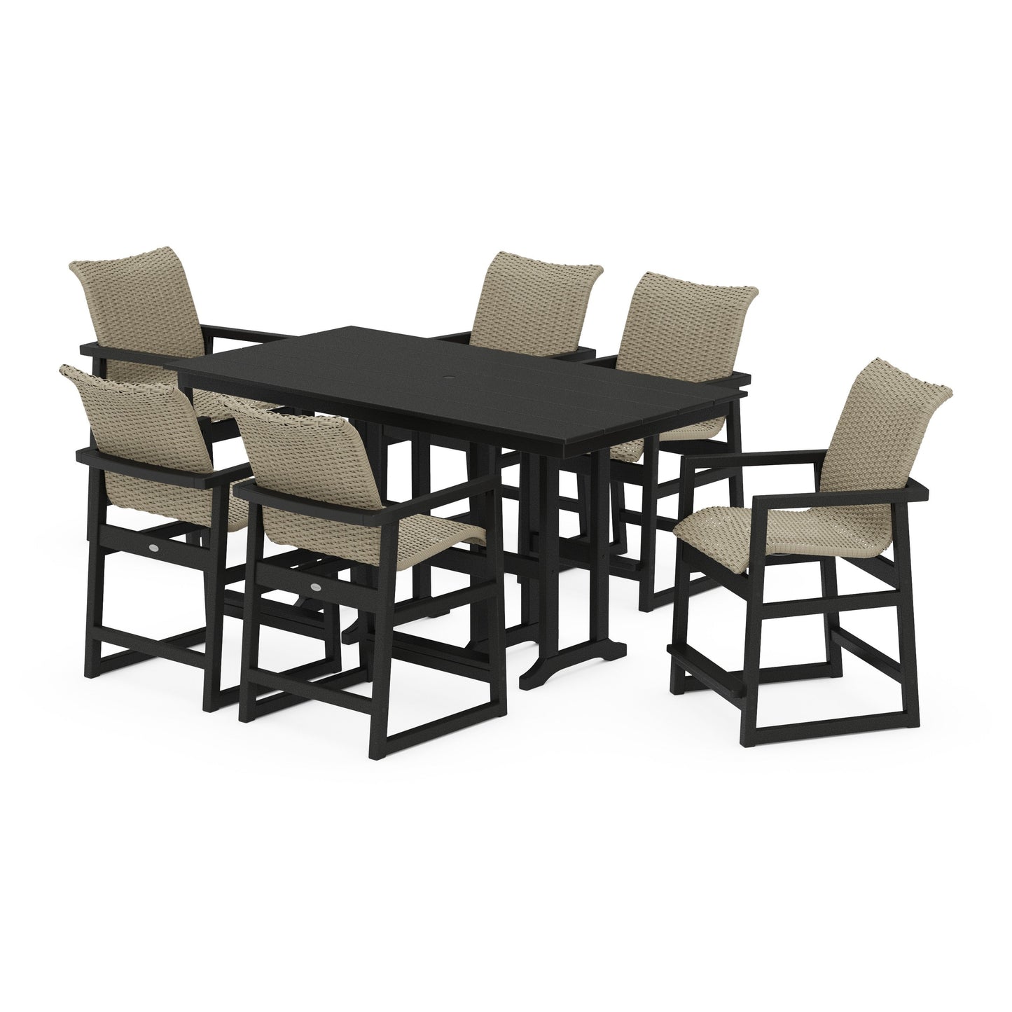 POLYWOOD EDGE Woven Arm Chair 7-Piece Farmhouse Counter Set — Black / Dune Grass