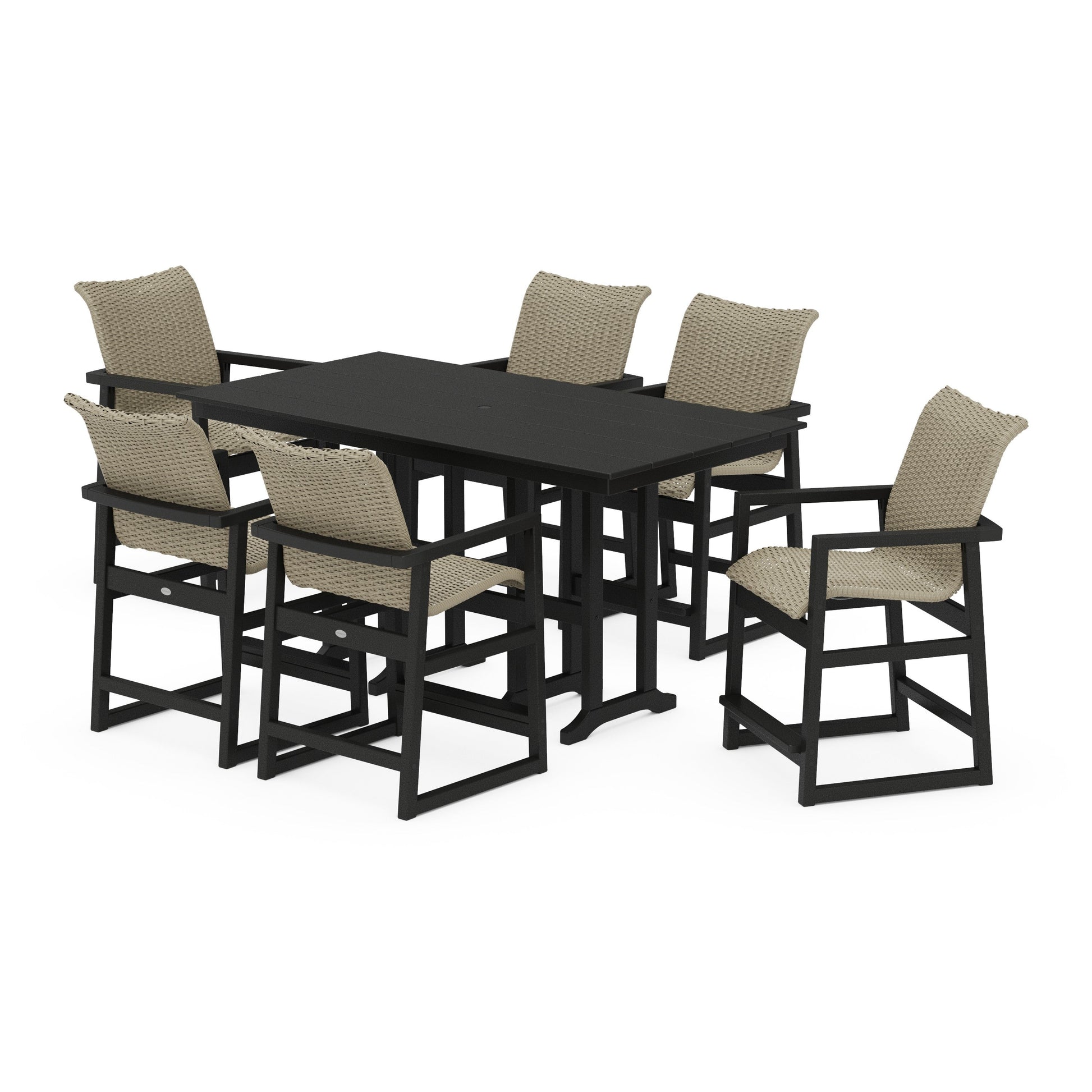 POLYWOOD EDGE Woven Arm Chair 7-Piece Farmhouse Counter Set — Black / Dune Grass