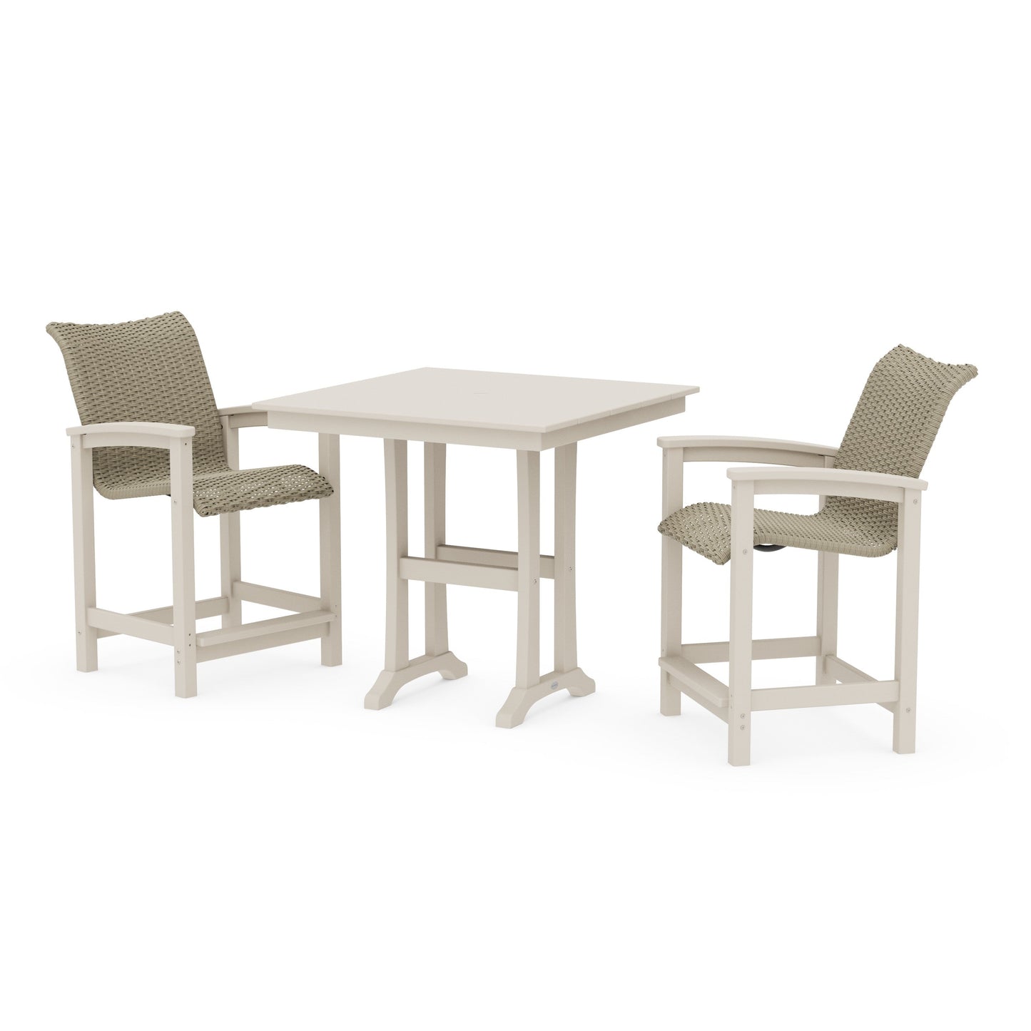 POLYWOOD Coastal Woven 3-Piece Farmhouse Counter Set with Trestle Legs — Sand / Dune Grass