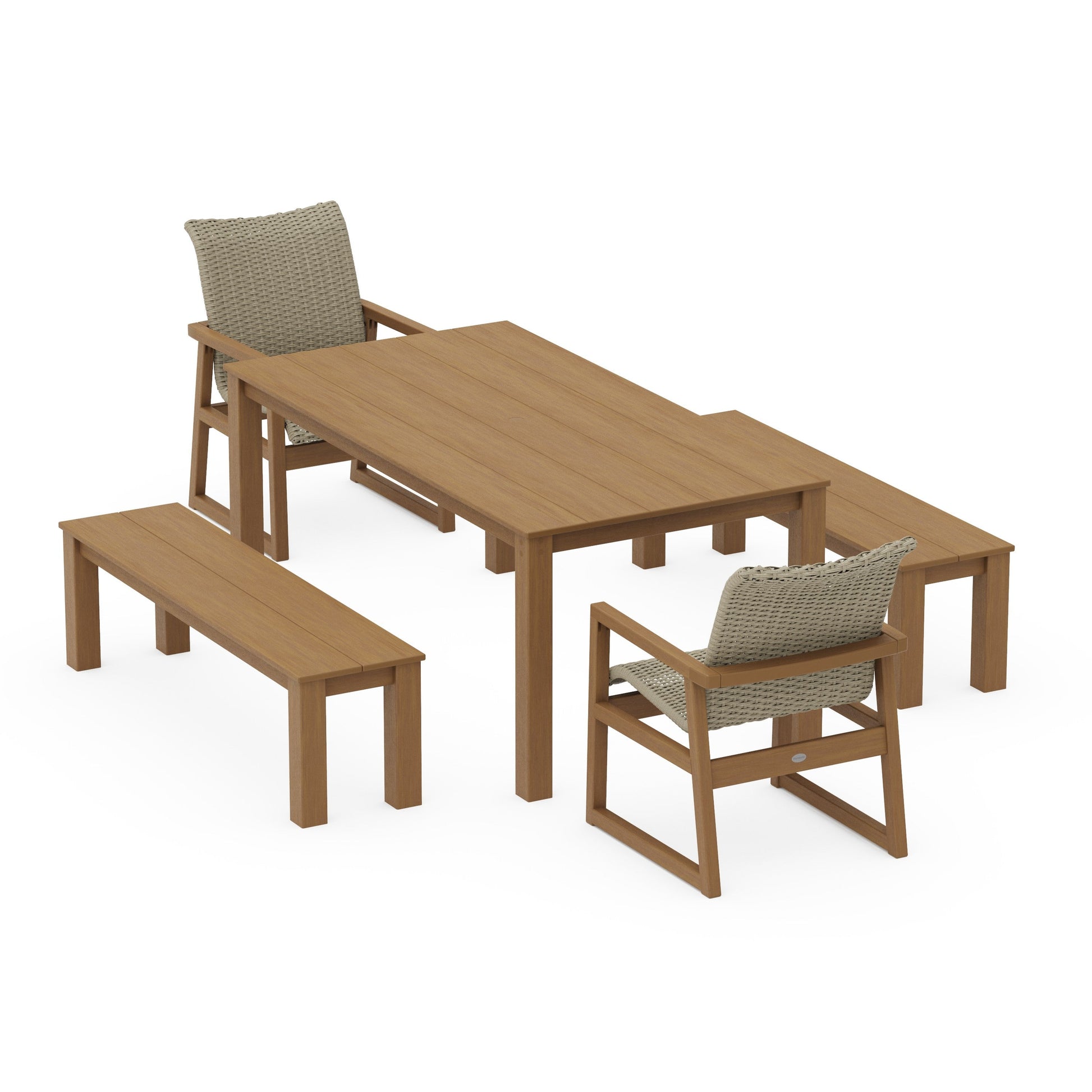 POLYWOOD EDGE Woven 5-Piece Parsons Dining Set with Benches — Natural / Dune Grass