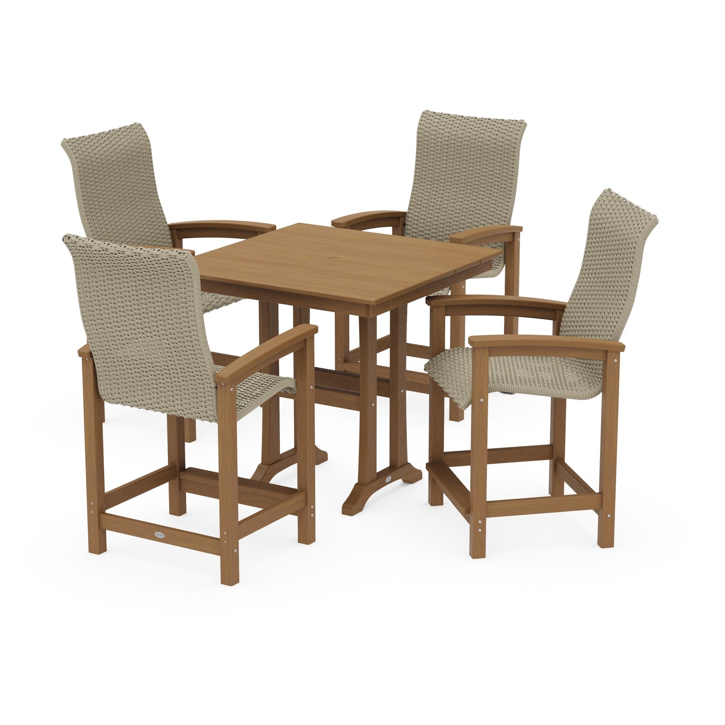 POLYWOOD Coastal Woven High-Back 5-Piece Farmhouse Counter Set with Trestle Legs — Natural / Dune Grass