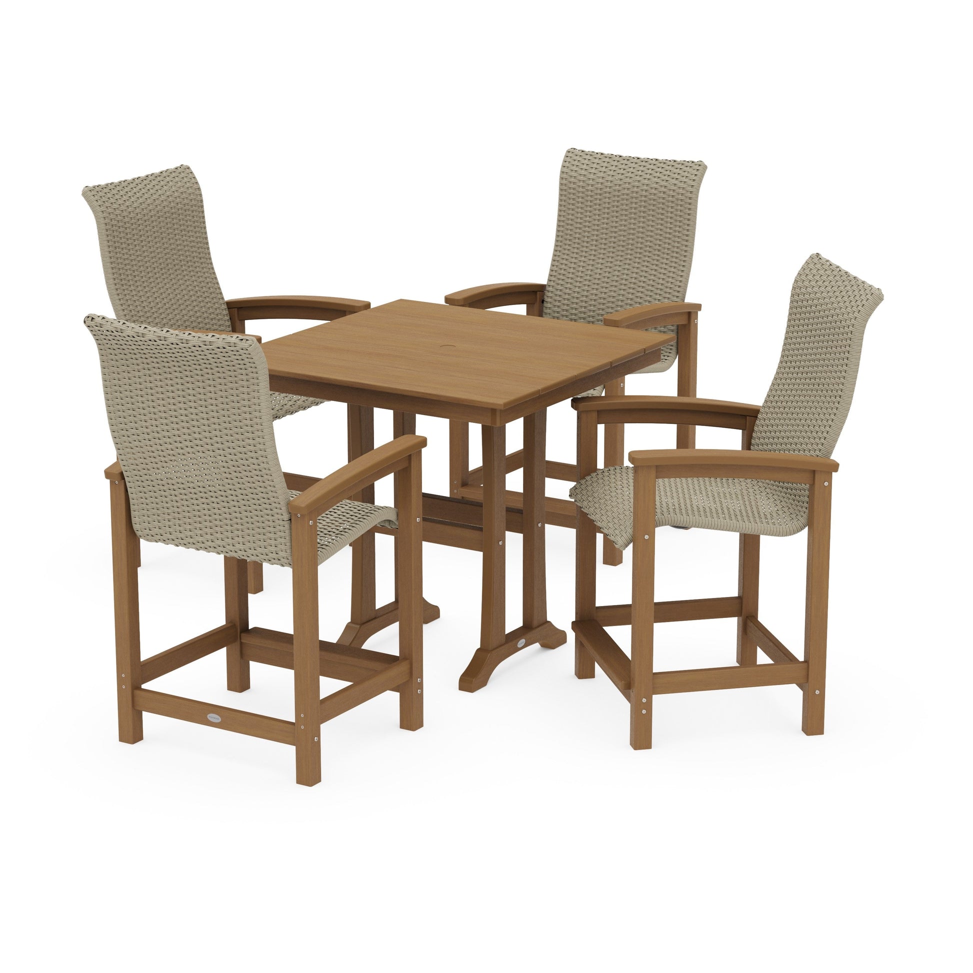 POLYWOOD Coastal Woven High-Back 5-Piece Farmhouse Counter Set with Trestle Legs — Natural / Dune Grass