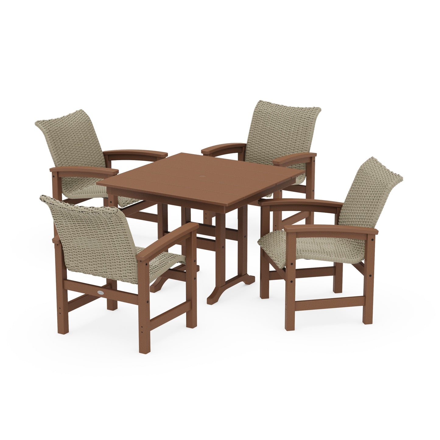 POLYWOOD Coastal Woven 5-Piece Farmhouse Dining Set — Teak / Dune Grass