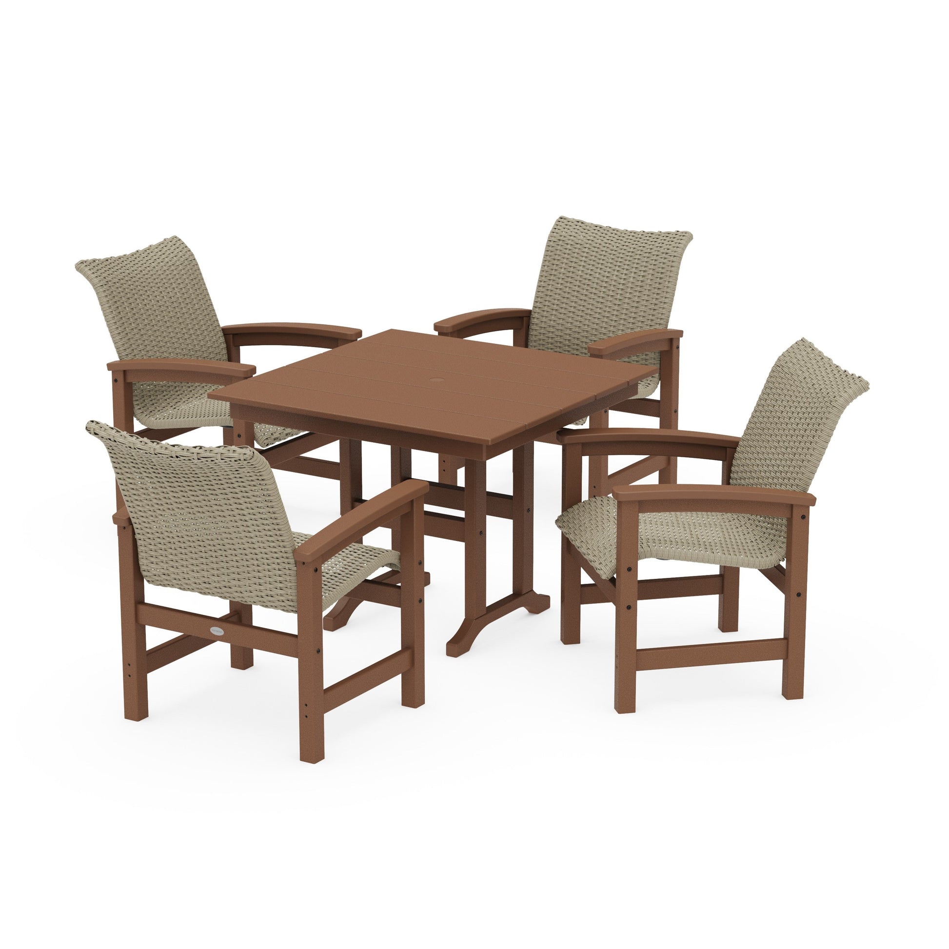 POLYWOOD Coastal Woven 5-Piece Farmhouse Dining Set — Teak / Dune Grass