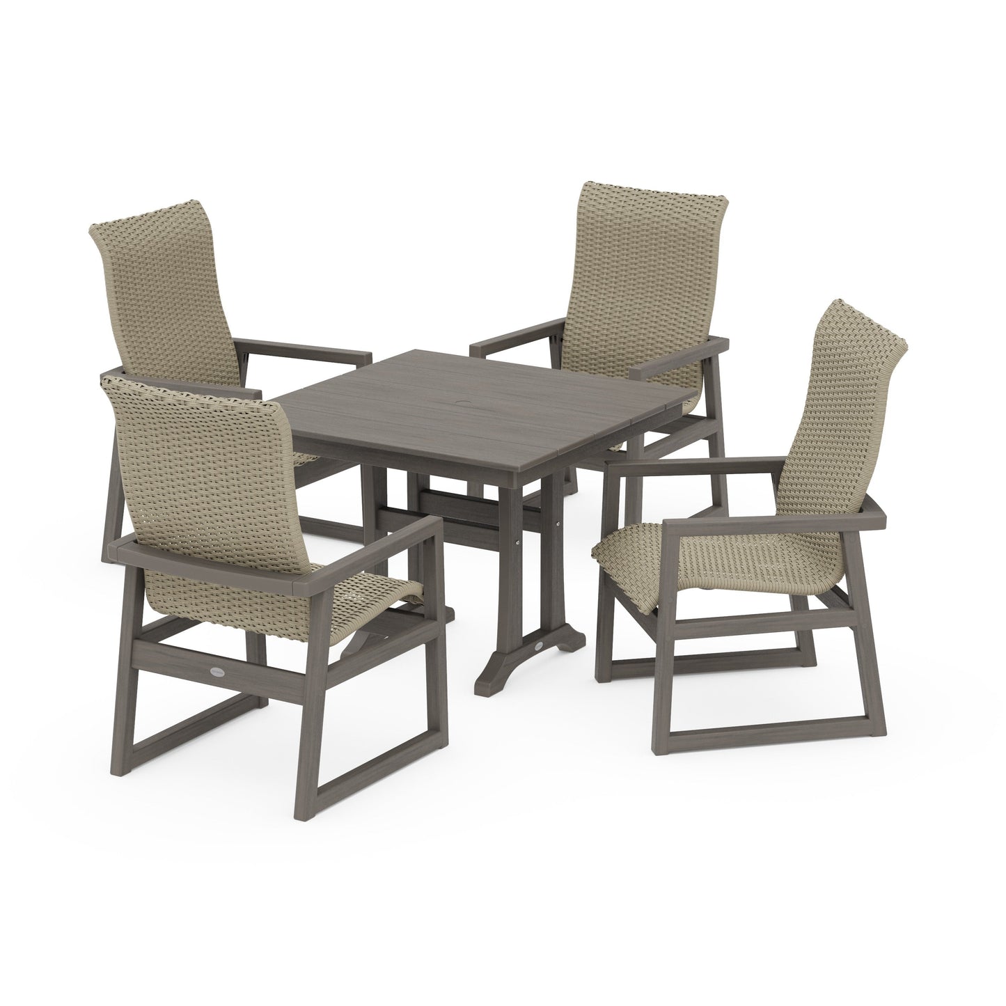 POLYWOOD EDGE Woven Highback 5-Piece Farmhouse Dining Set with Trestle Legs — Driftwood / Dune Grass