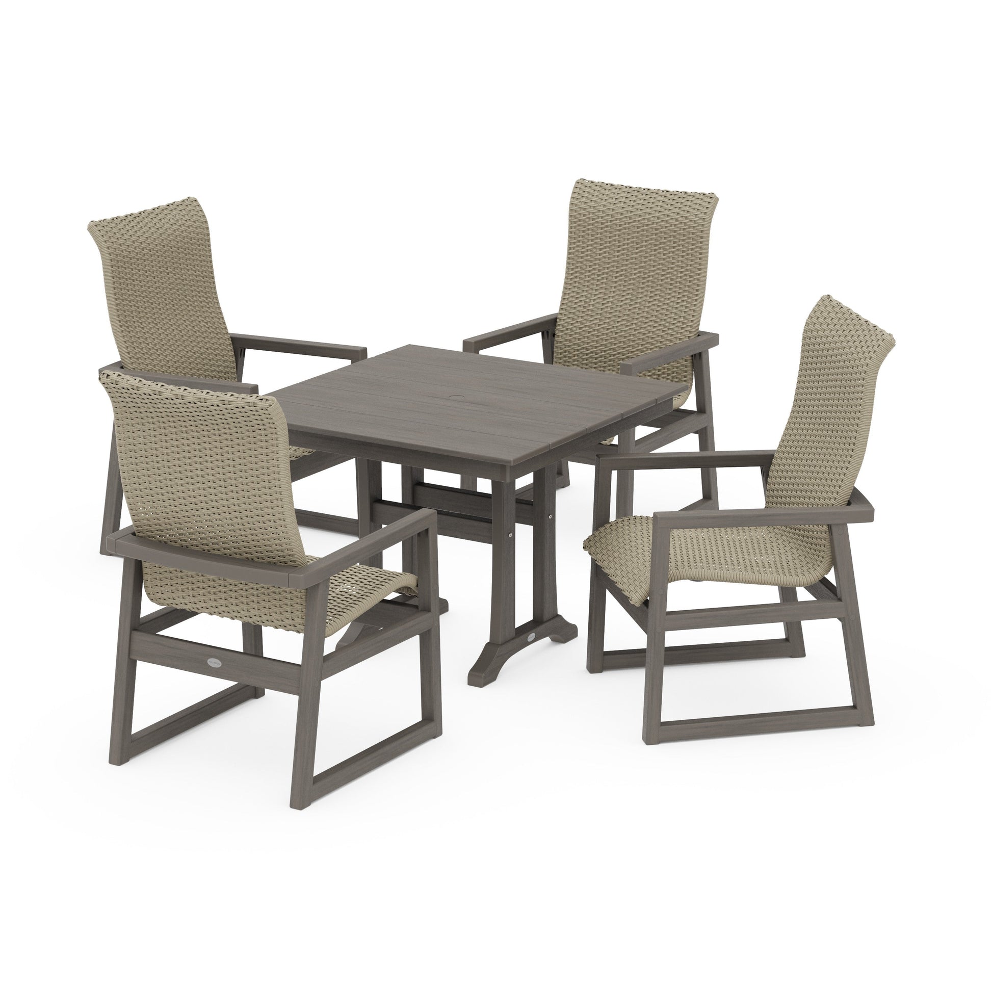 POLYWOOD EDGE Woven Highback 5-Piece Farmhouse Dining Set with Trestle Legs — Driftwood / Dune Grass