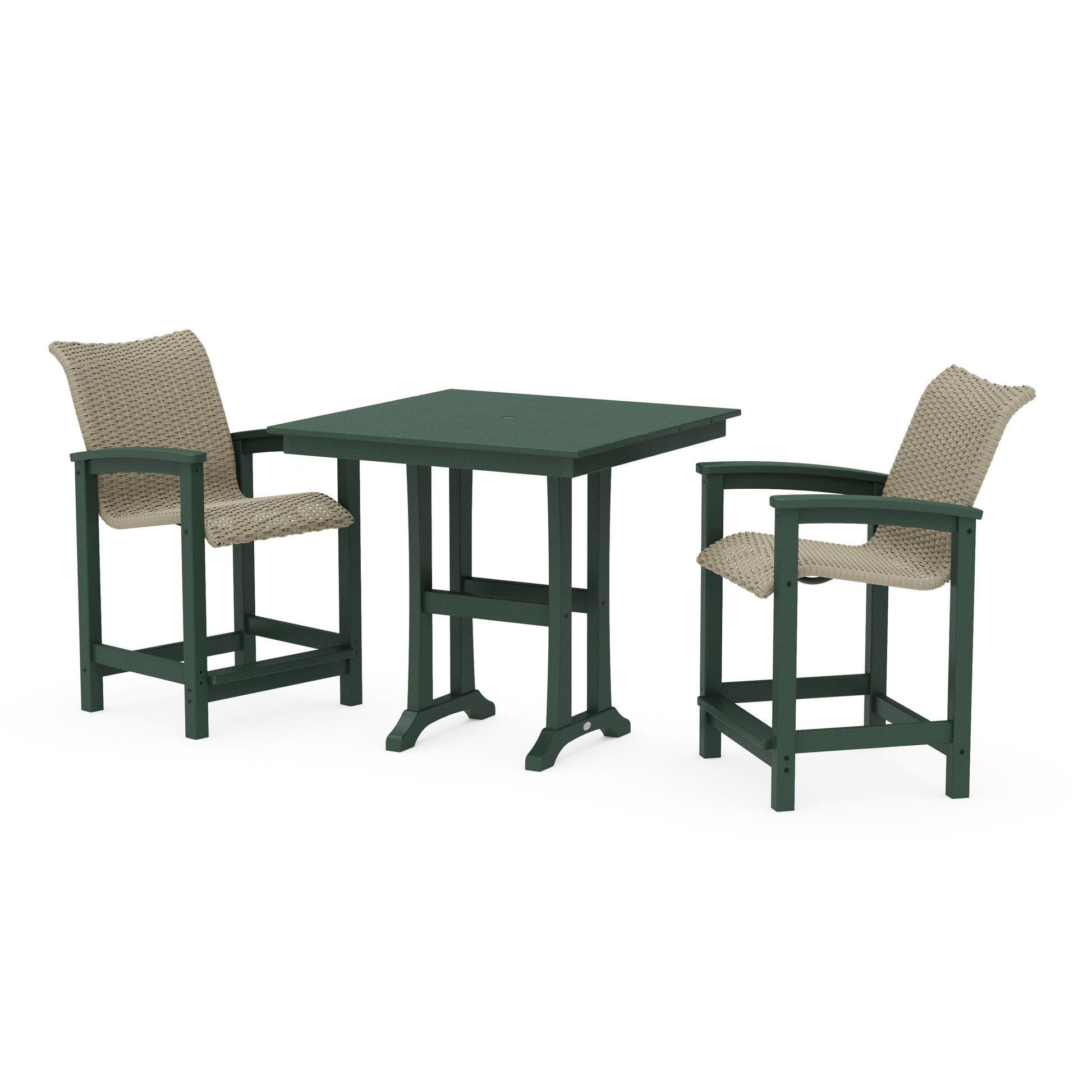 POLYWOOD Coastal Woven 3-Piece Farmhouse Counter Set with Trestle Legs — Green / Dune Grass