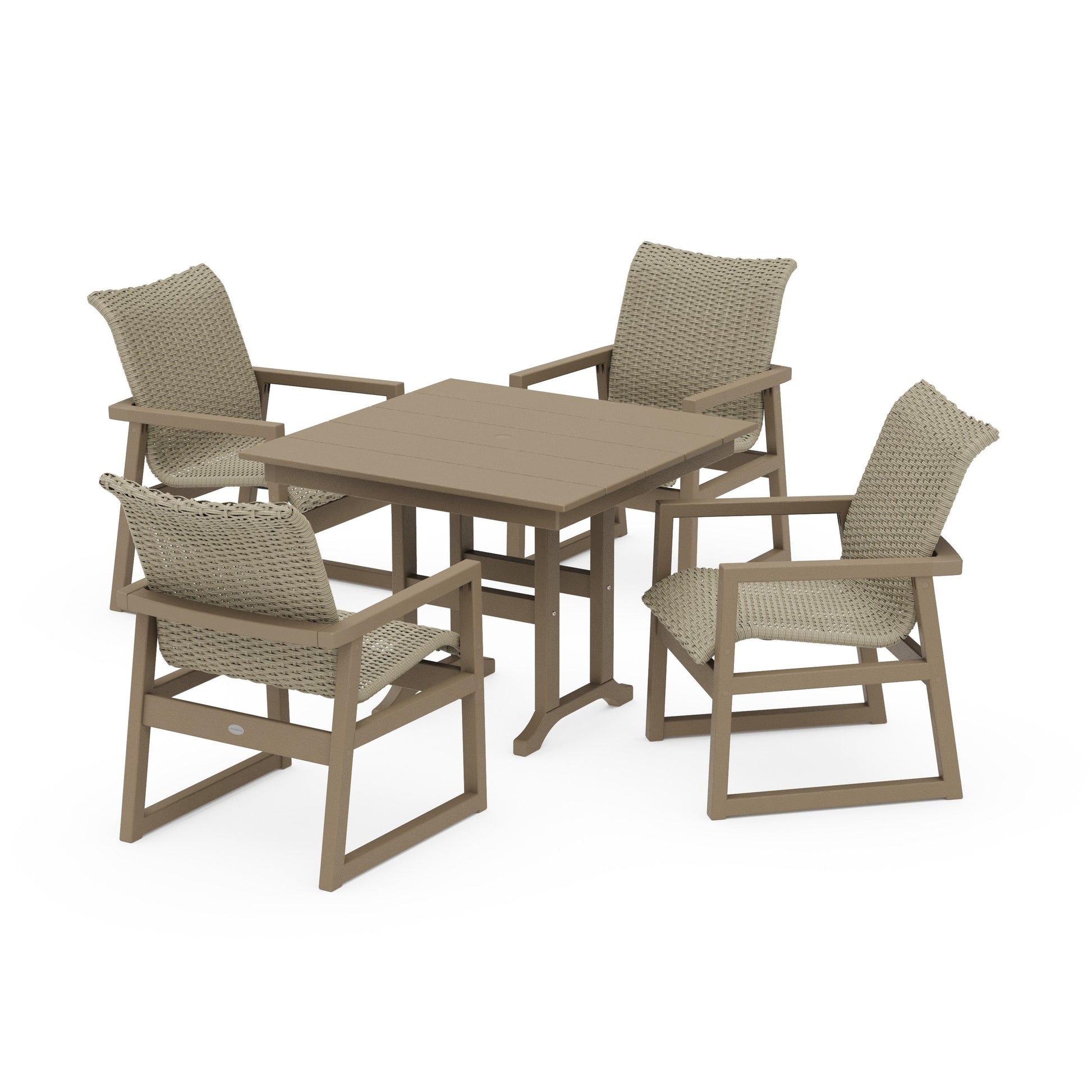 POLYWOOD EDGE Woven 5-Piece Farmhouse Dining Set — Vintage Sahara / Dune Grass