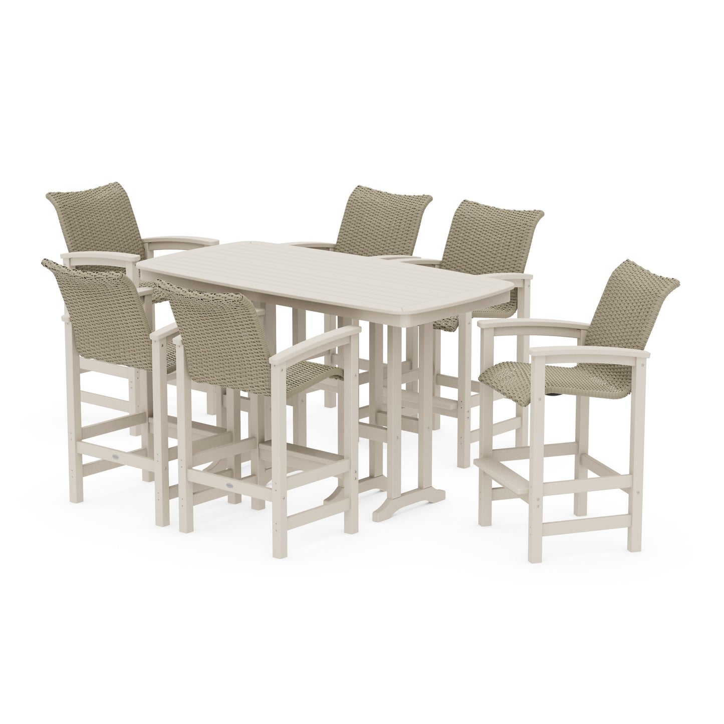 POLYWOOD Coastal Woven Arm Chair 7-Piece Bar Set — Sand / Dune Grass
