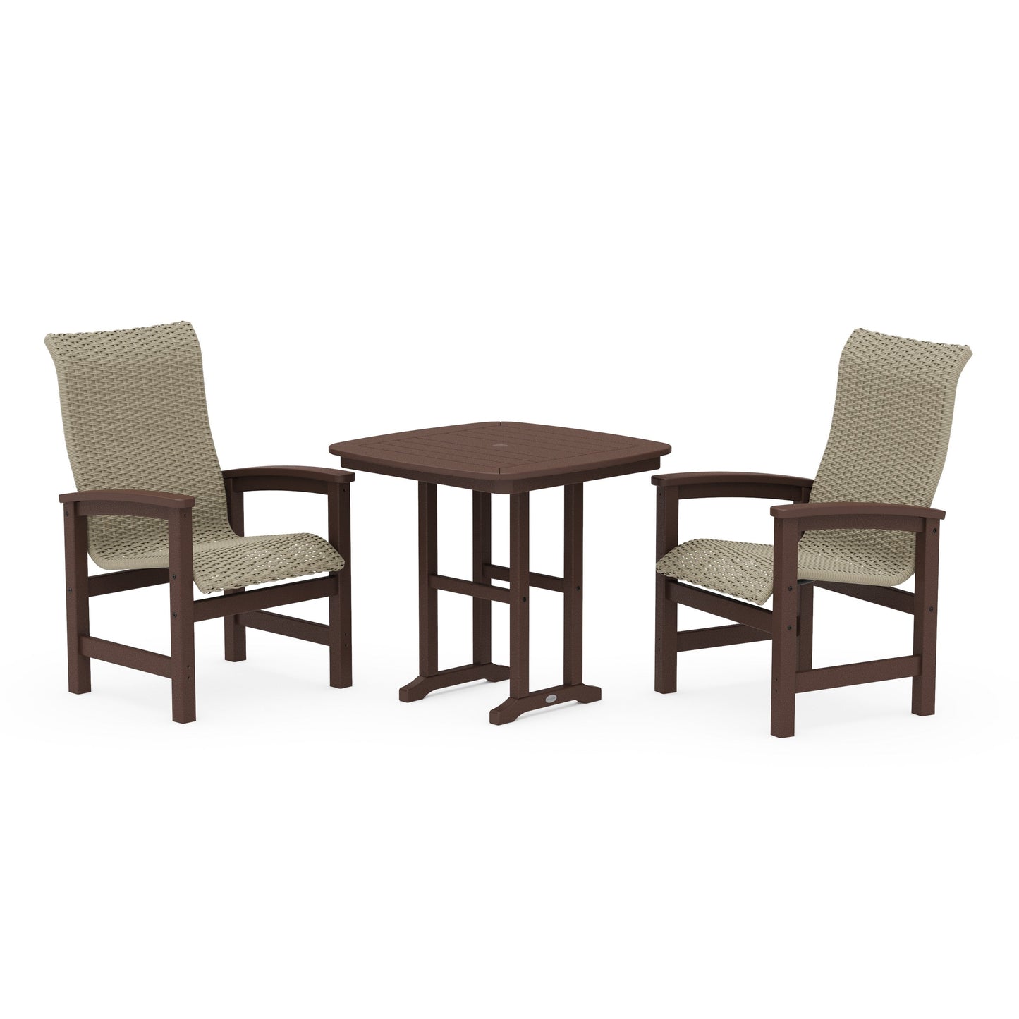 POLYWOOD Coastal Woven High-Back 3-Piece Dining Set — Mahogany / Dune Grass