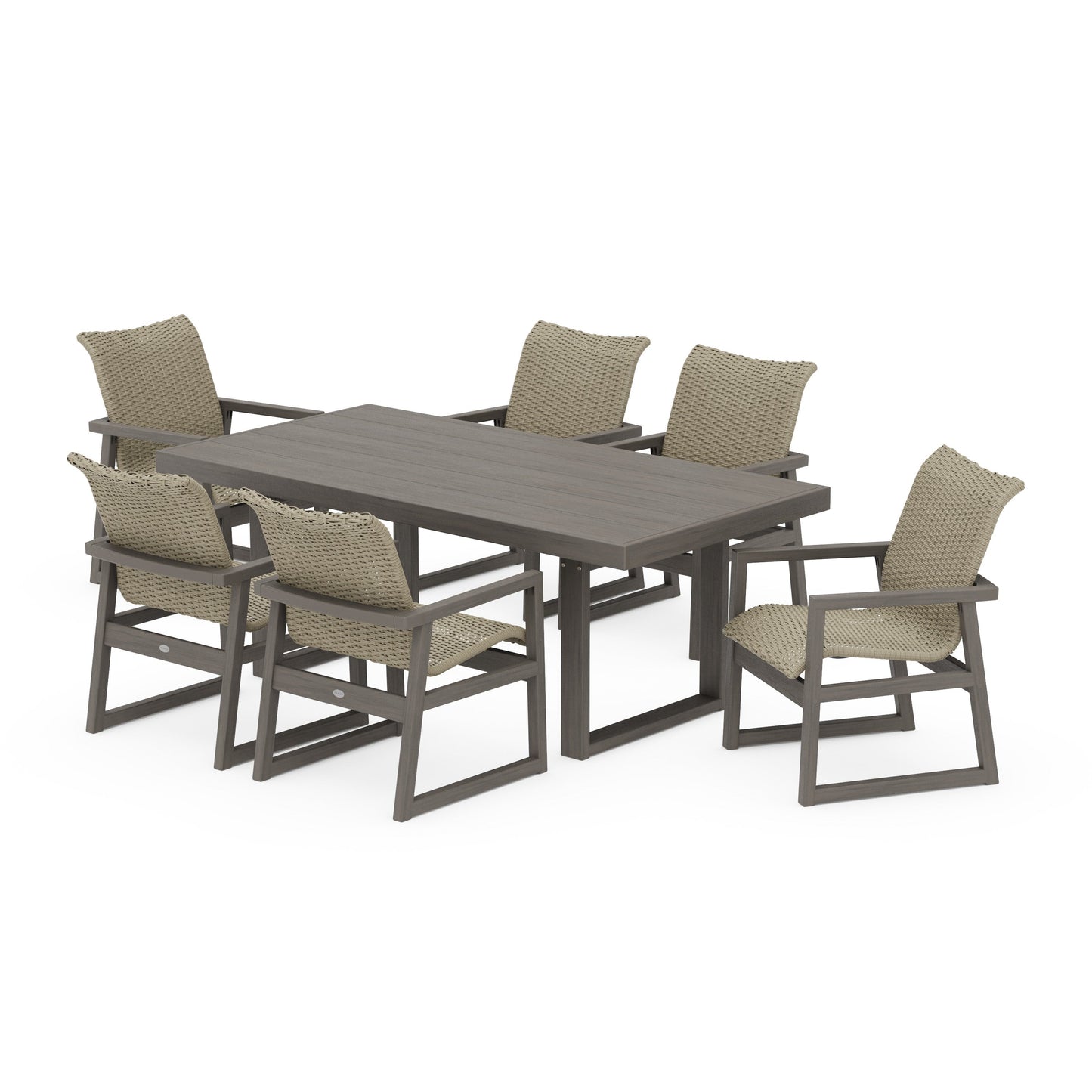 POLYWOOD EDGE Woven Arm Chair 7-Piece Dining Set — Driftwood / Dune Grass