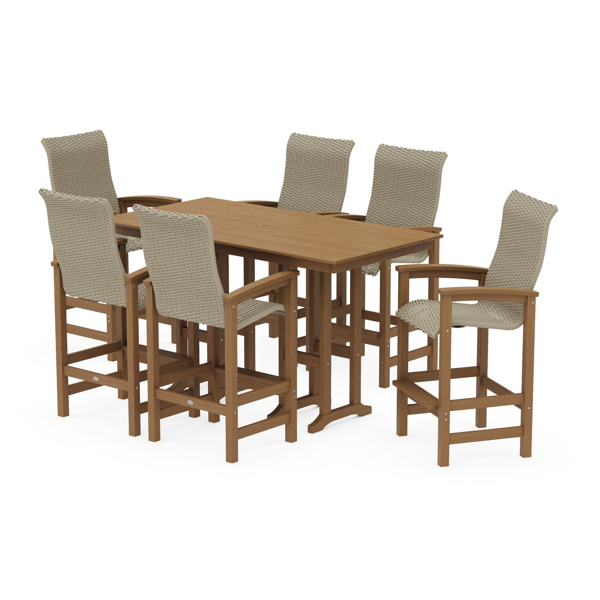POLYWOOD Coastal Woven High-Back Arm Chair 7-Piece Farmhouse Bar Set — Natural / Dune Grass