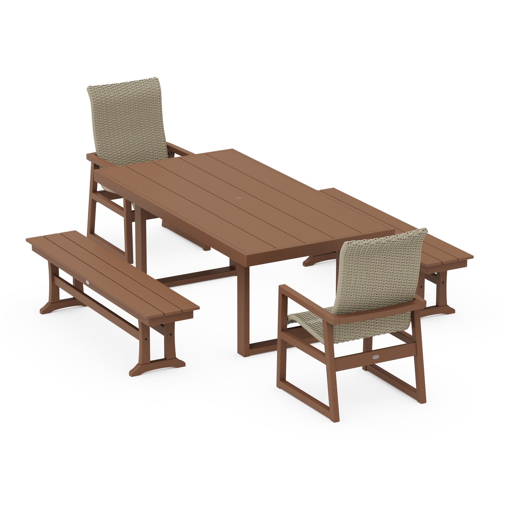 POLYWOOD EDGE Woven Highback 5-Piece Dining Set with Benches — Teak / Dune Grass