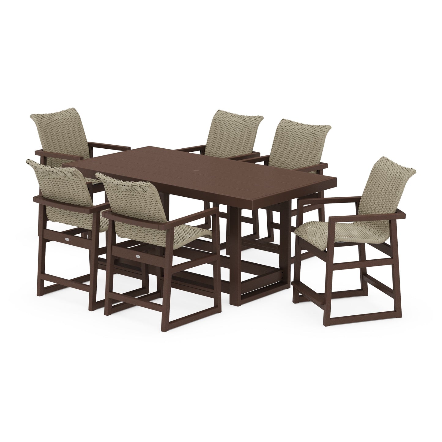 POLYWOOD EDGE Woven Arm Chair 7-Piece Counter Set — Mahogany / Dune Grass