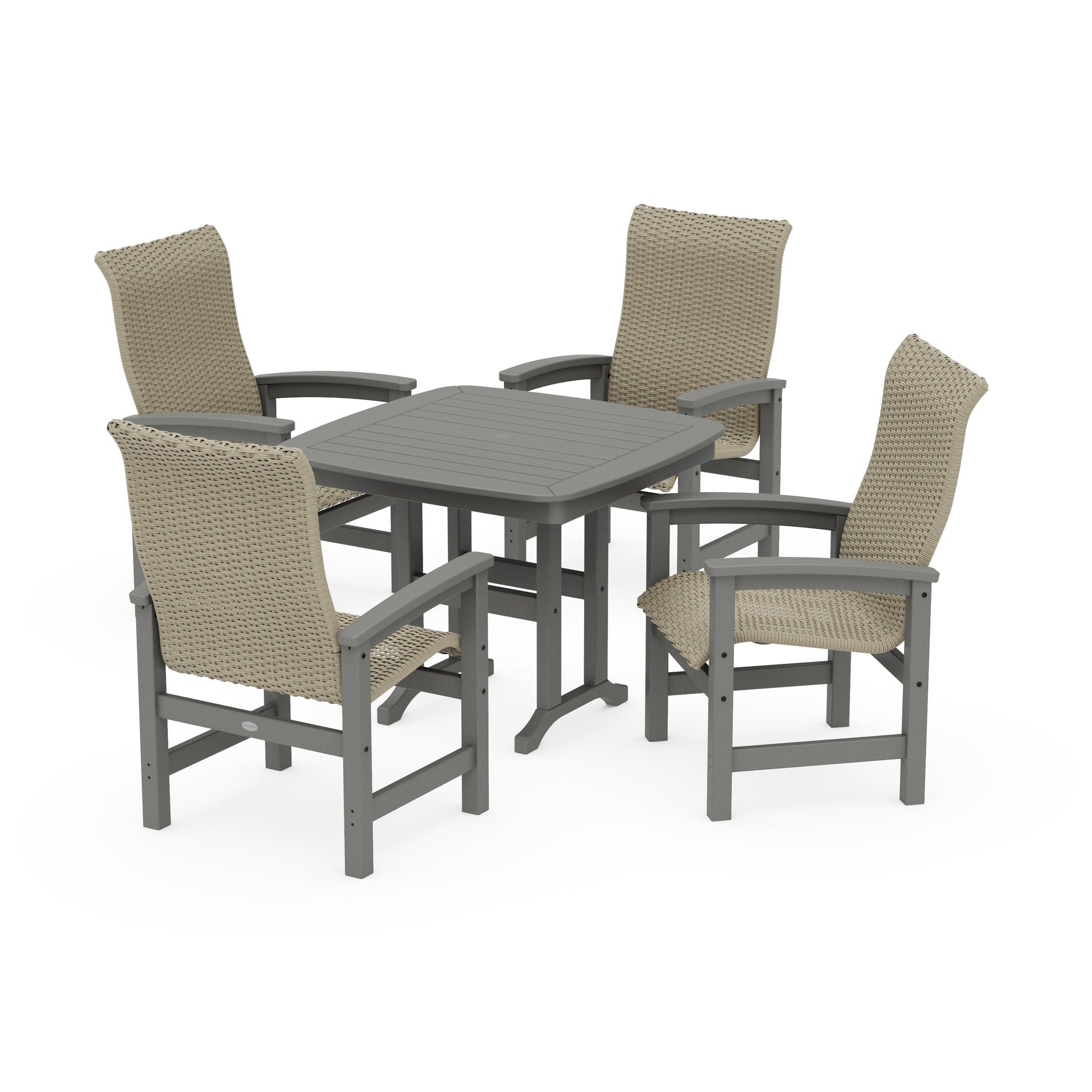 POLYWOOD Coastal Woven High-Back 5-Piece Dining Set — Slate Grey / Dune Grass