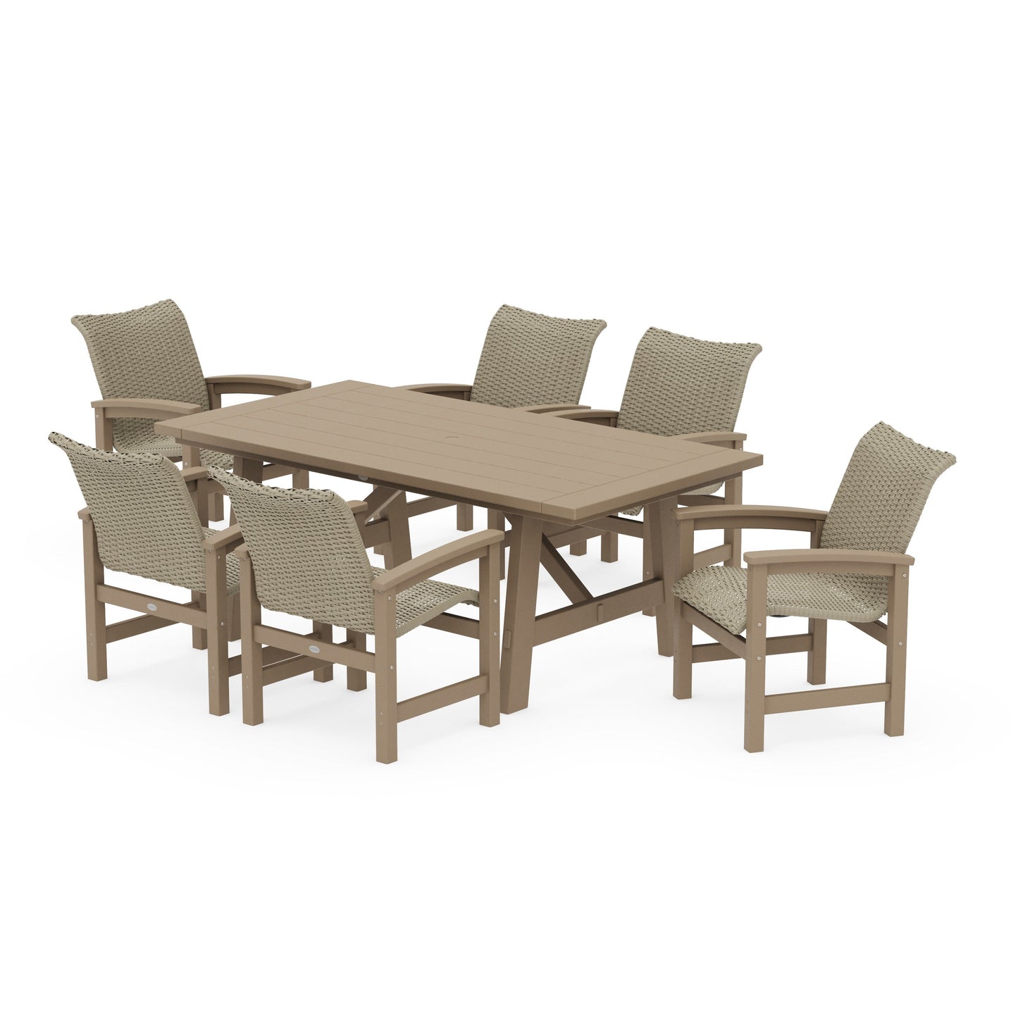 POLYWOOD Coastal Woven Arm Chair 7-Piece Rustic Farmhouse Dining Set — Vintage Sahara / Dune Grass