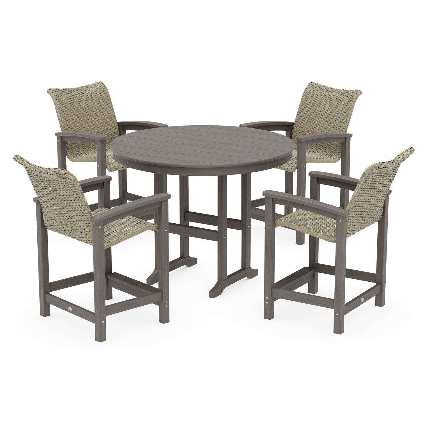 POLYWOOD Coastal Woven 5-Piece Round Farmhouse Counter Set — Driftwood / Dune Grass
