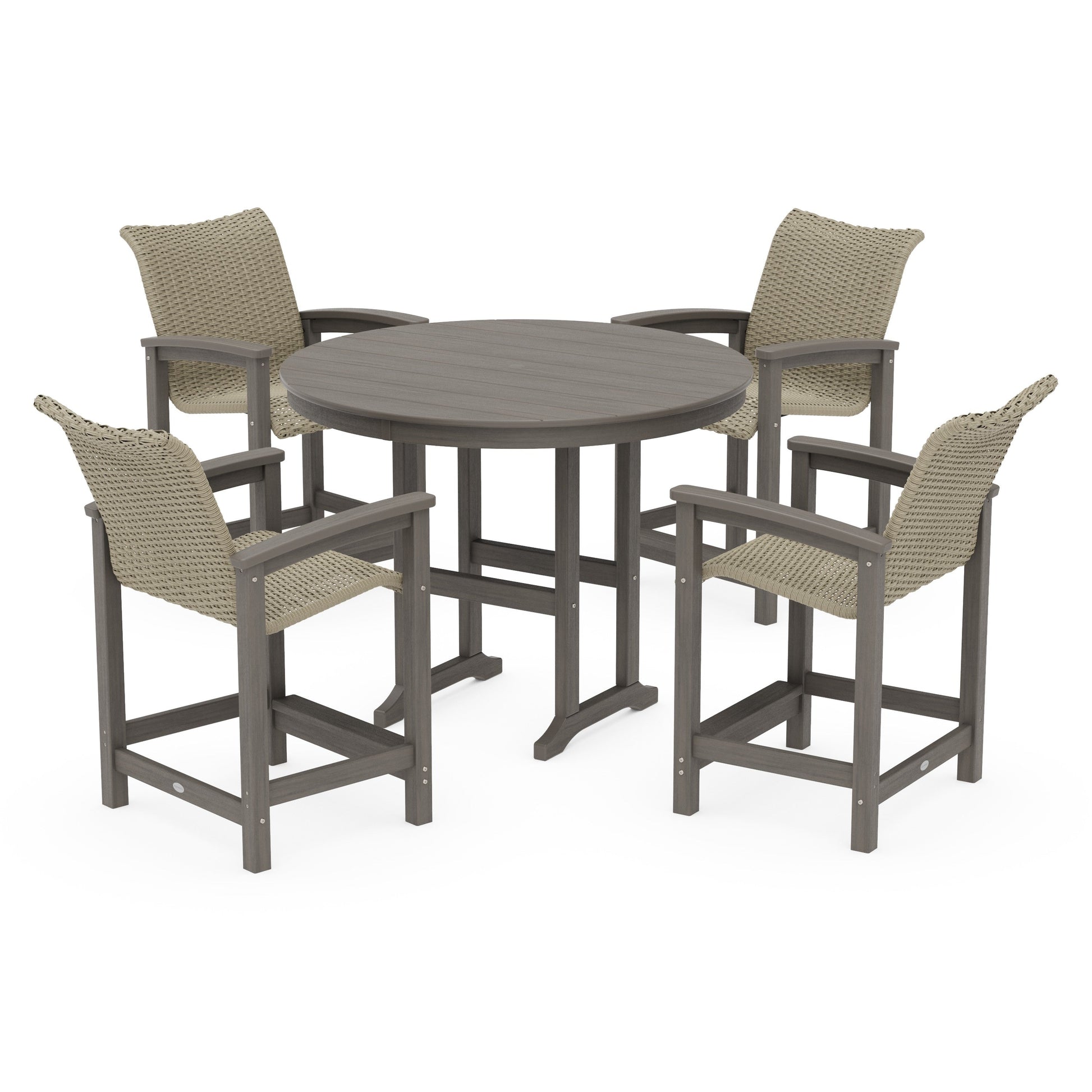 POLYWOOD Coastal Woven 5-Piece Round Farmhouse Counter Set — Driftwood / Dune Grass