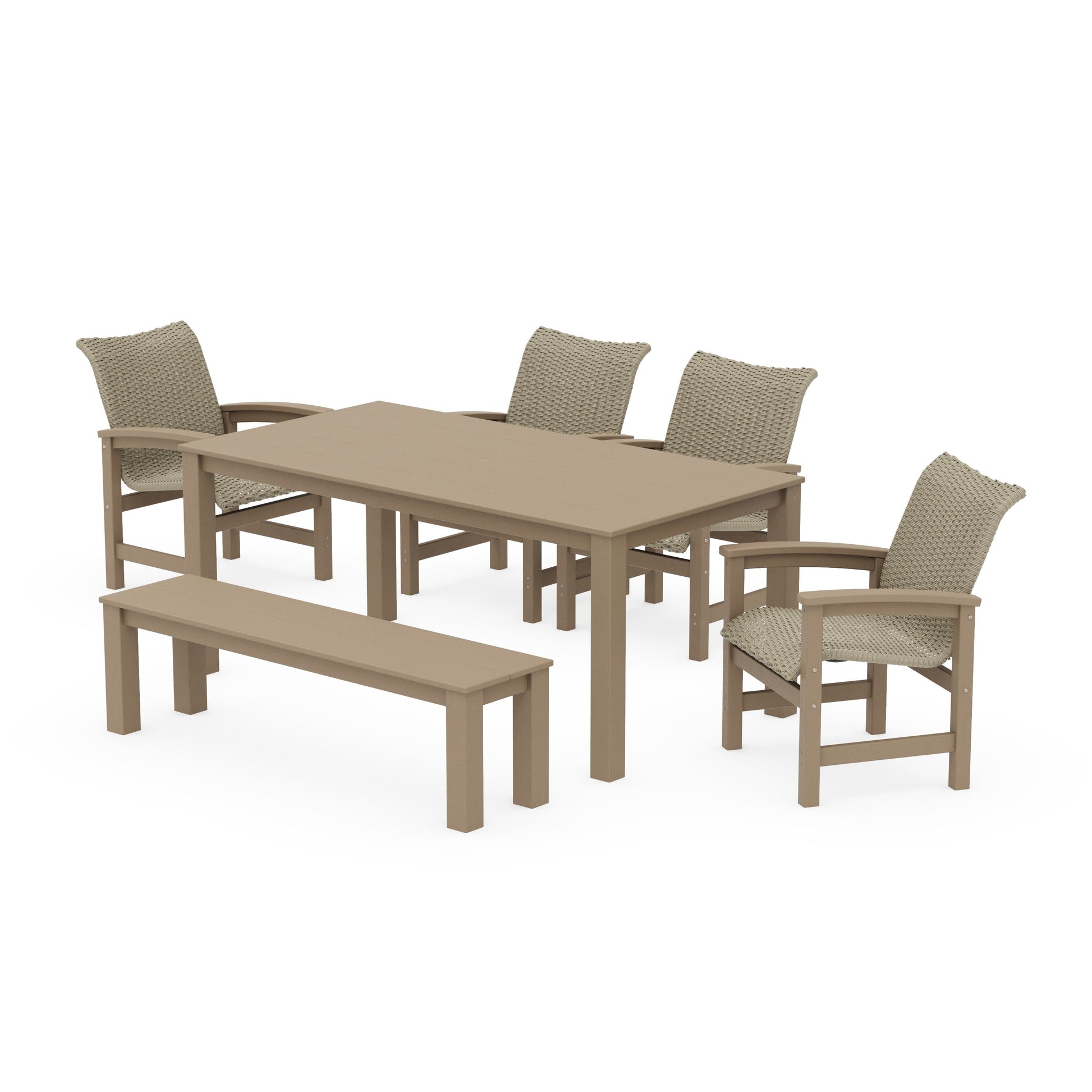 POLYWOOD Coastal Woven 6-Piece Parsons Dining Set with Bench — Vintage Sahara / Dune Grass