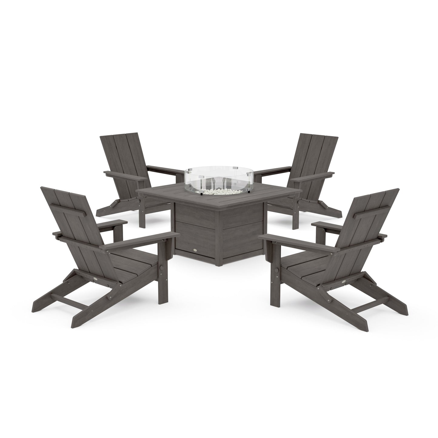 POLYWOOD 5-Piece Modern Studio Folding Adirondack Conversation Set with Fire Pit Table — Driftwood