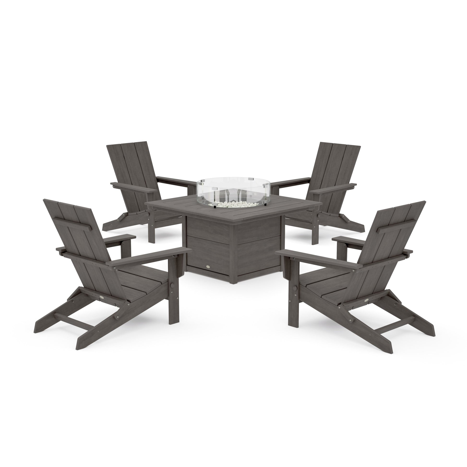 POLYWOOD 5-Piece Modern Studio Folding Adirondack Conversation Set with Fire Pit Table — Driftwood