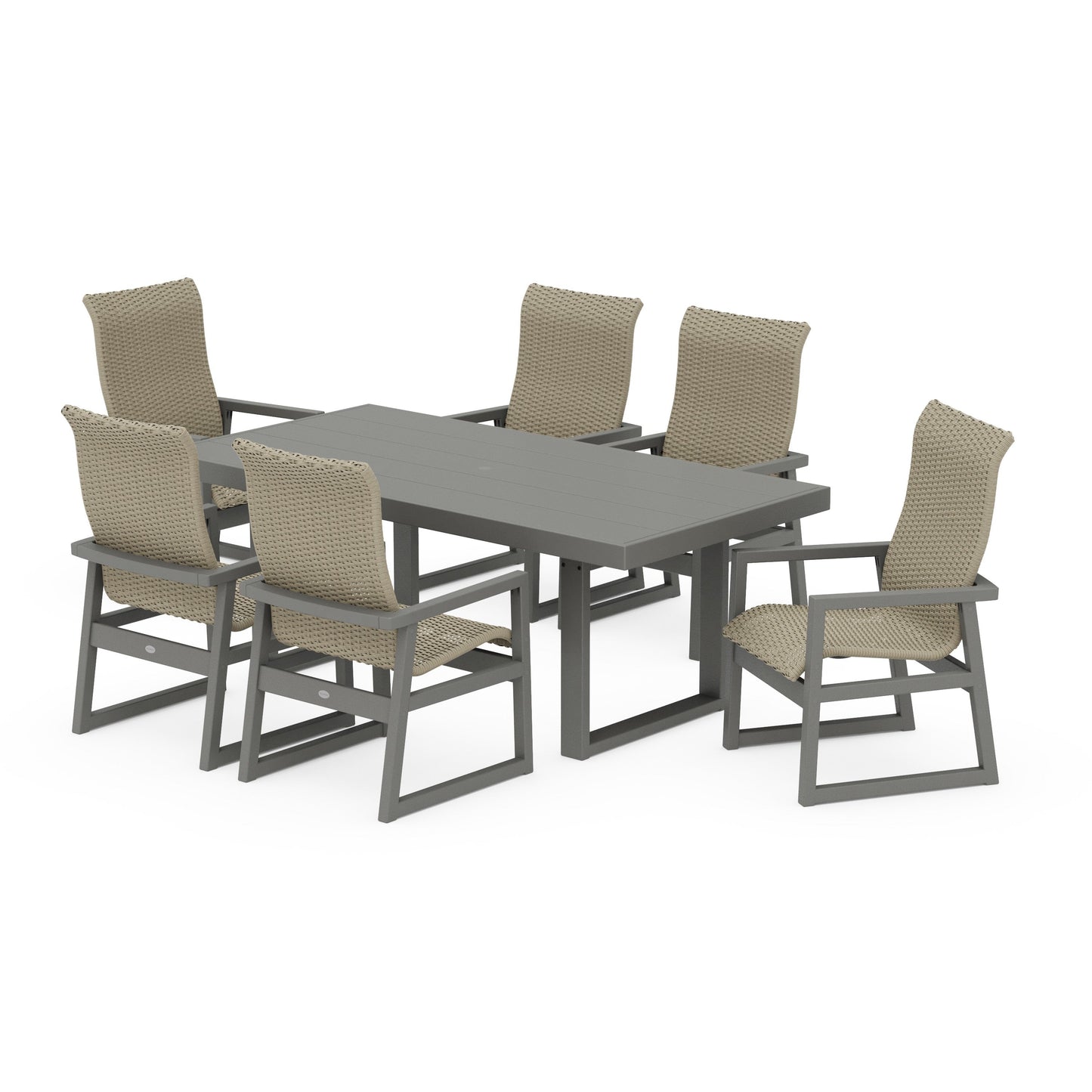 POLYWOOD EDGE Woven Highback Arm Chair 7-Piece Dining Set — Slate Grey / Dune Grass