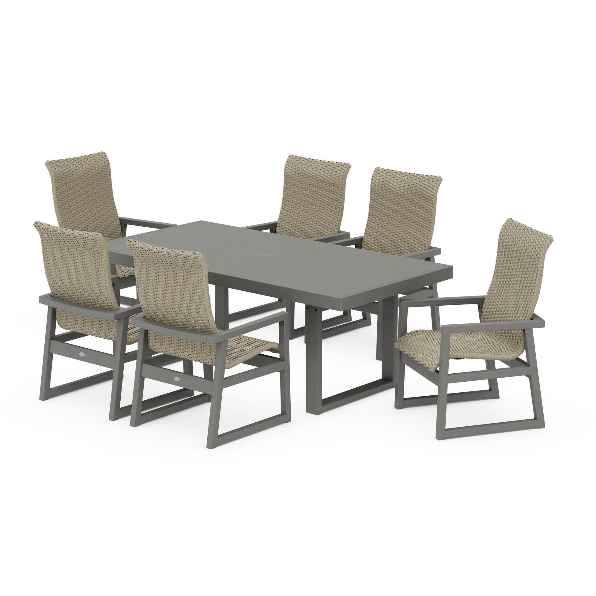POLYWOOD EDGE Woven Highback Arm Chair 7-Piece Dining Set — Slate Grey / Dune Grass