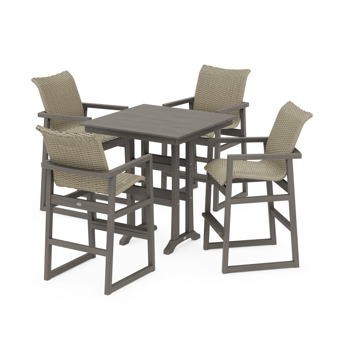 POLYWOOD EDGE Woven 5-Piece Farmhouse Bar Set with Trestle Legs — Driftwood / Dune Grass