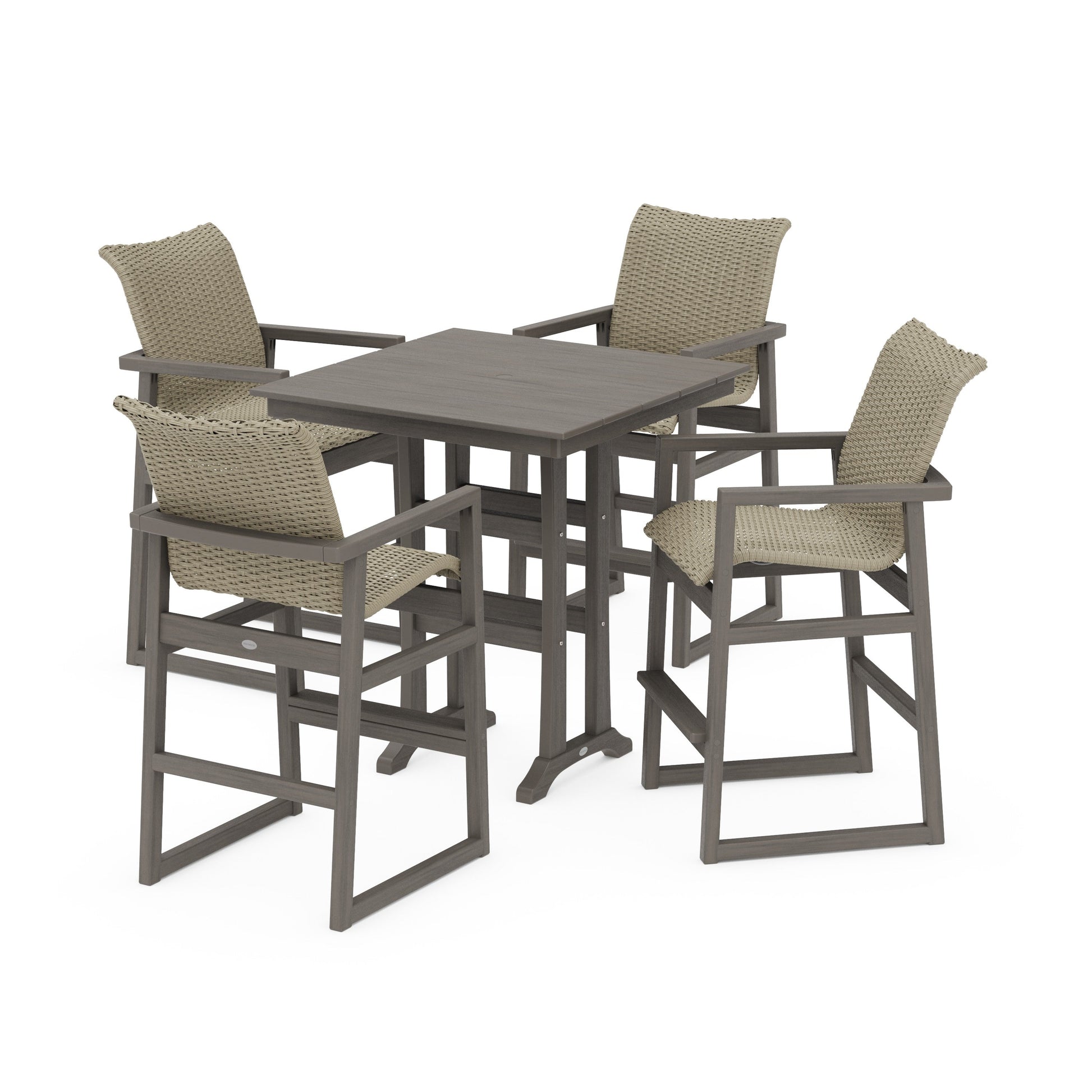 POLYWOOD EDGE Woven 5-Piece Farmhouse Bar Set with Trestle Legs — Driftwood / Dune Grass