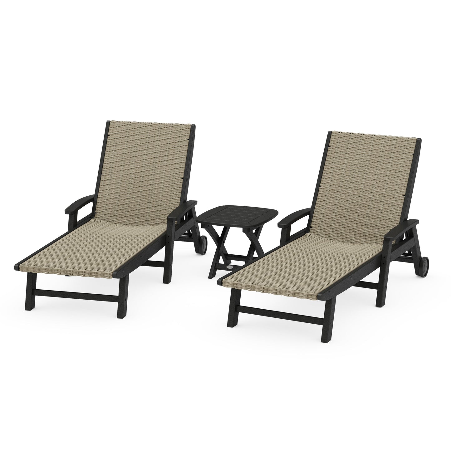 POLYWOOD 3-Piece Coastal Woven Chaise with Arms and Wheels Chaise Lounge Set — Black / Dune Grass