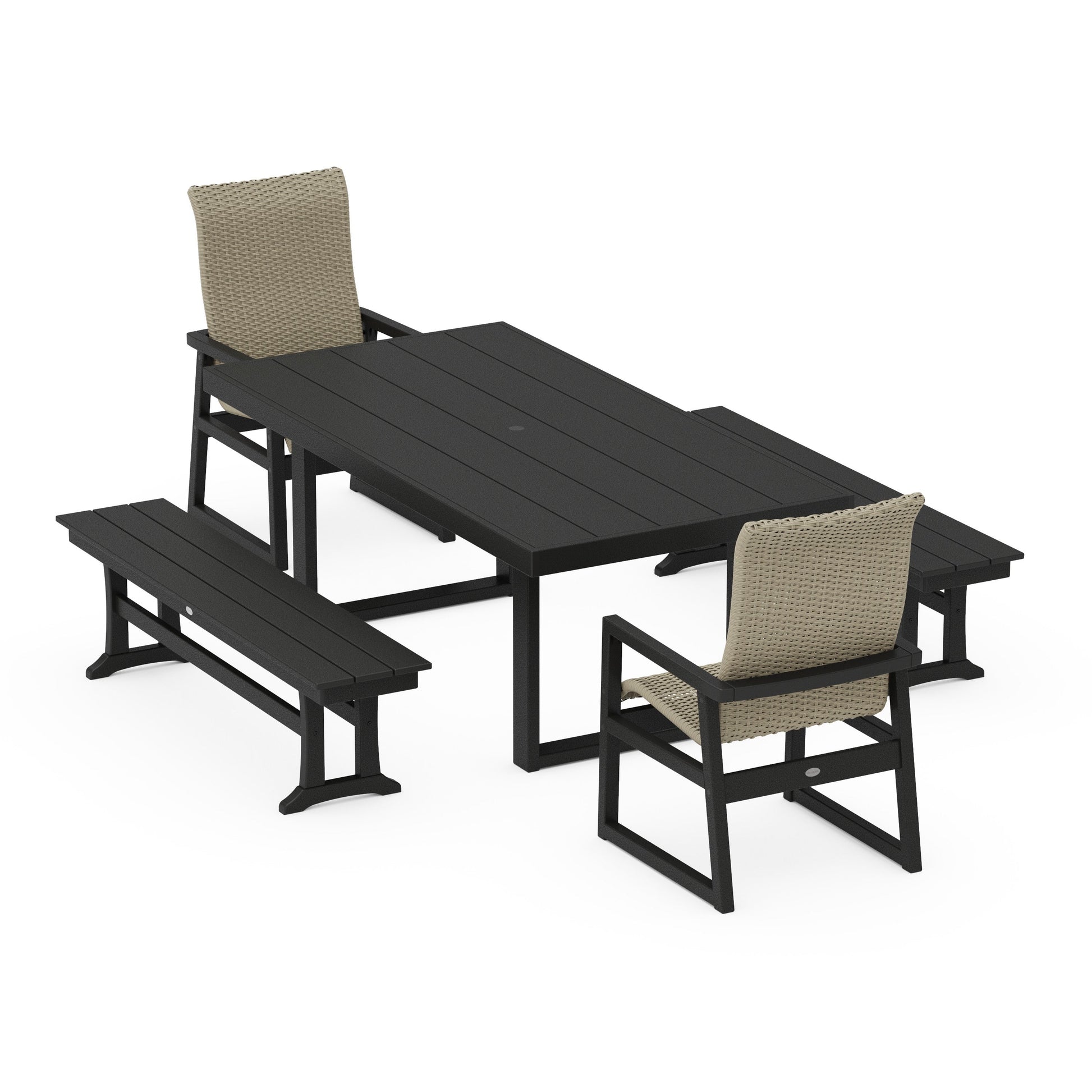 POLYWOOD EDGE Woven Highback 5-Piece Dining Set with Benches — Black / Dune Grass