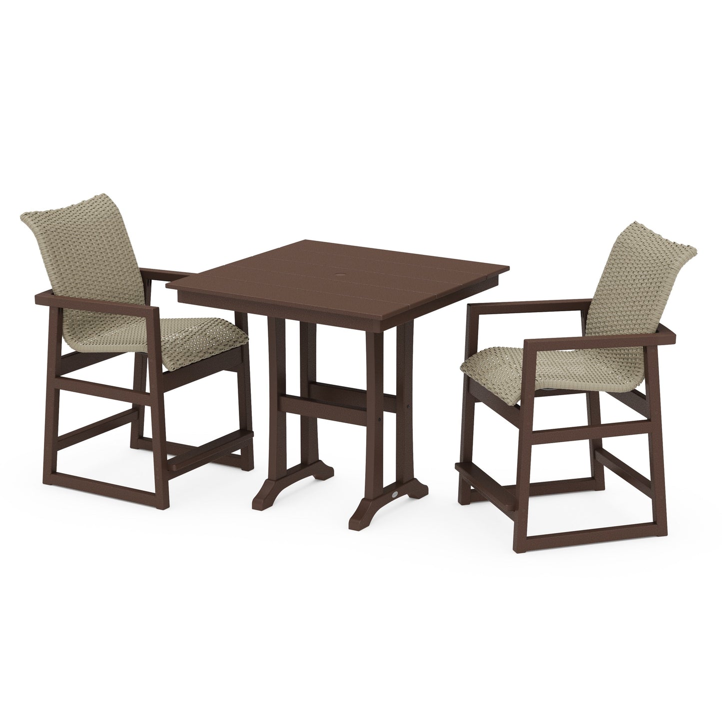 POLYWOOD EDGE Woven 3-Piece Farmhouse Counter Set with Trestle Legs — Mahogany / Dune Grass