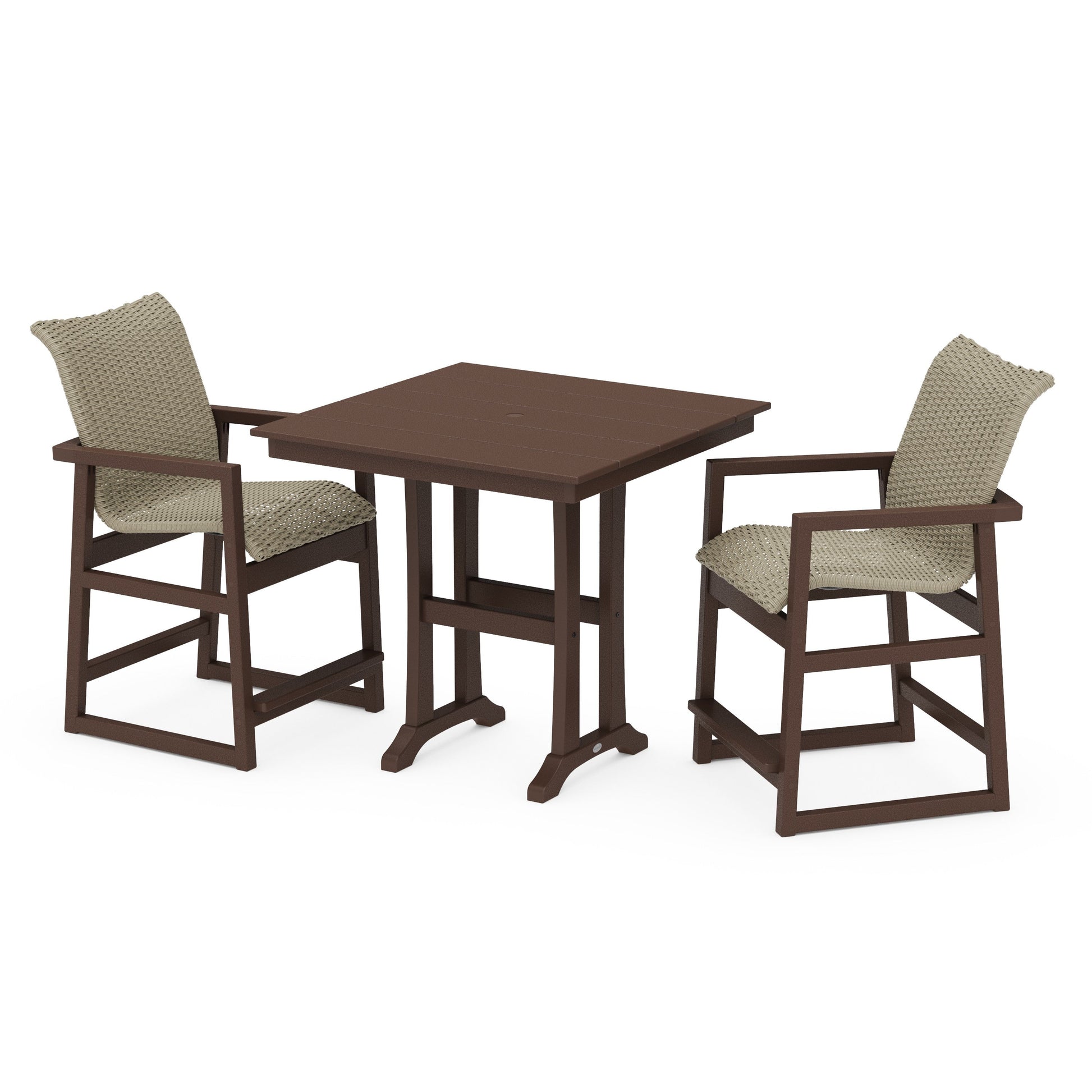 POLYWOOD EDGE Woven 3-Piece Farmhouse Counter Set with Trestle Legs — Mahogany / Dune Grass
