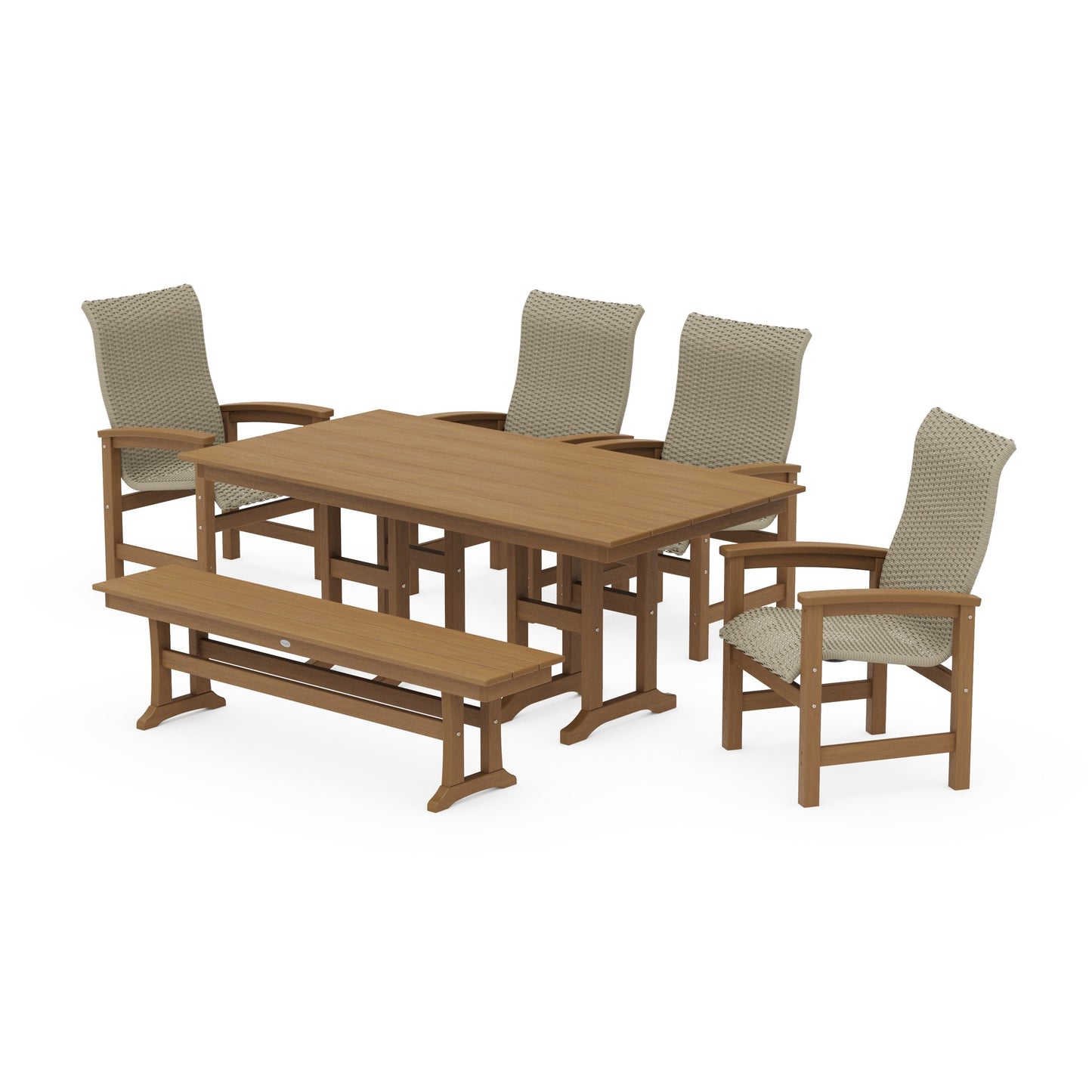 POLYWOOD Coastal Woven High-Back 6-Piece Farmhouse Dining Set with Bench — Natural / Dune Grass
