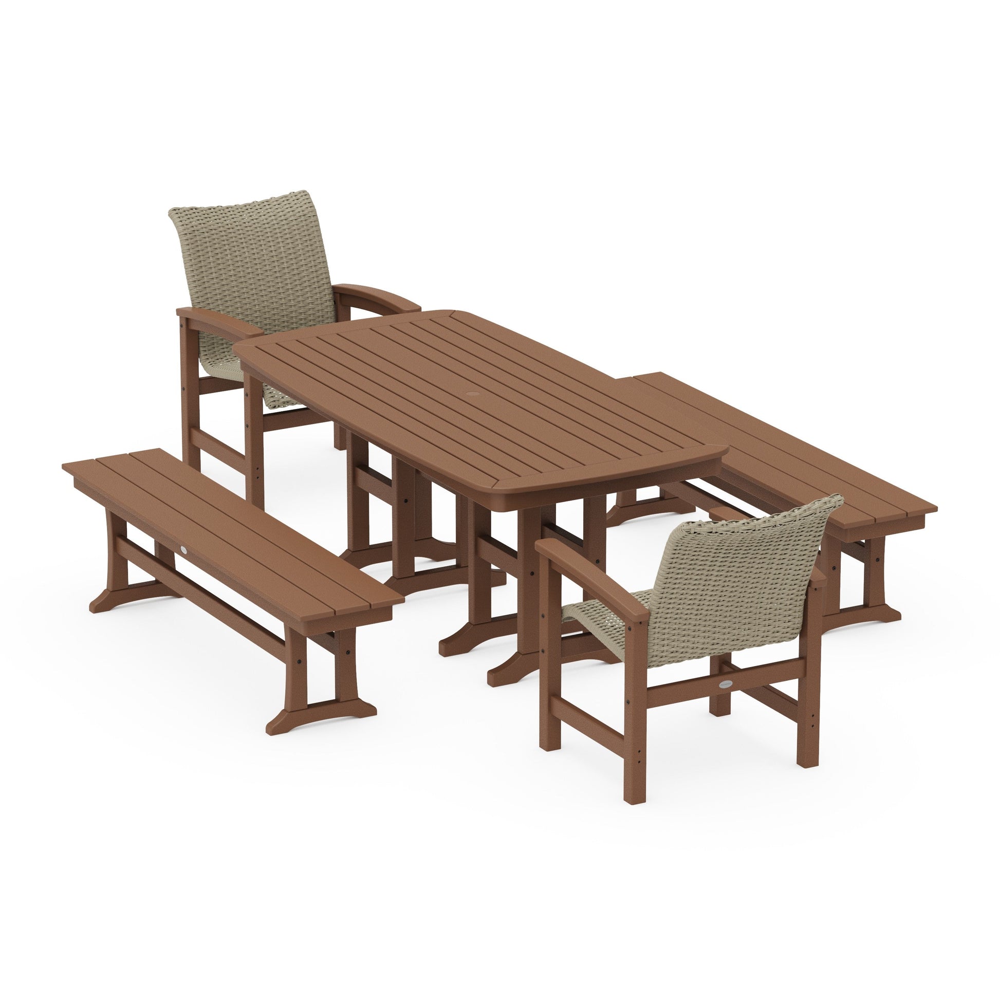 POLYWOOD Coastal Woven 5-Piece Dining Set with Benches — Teak / Dune Grass