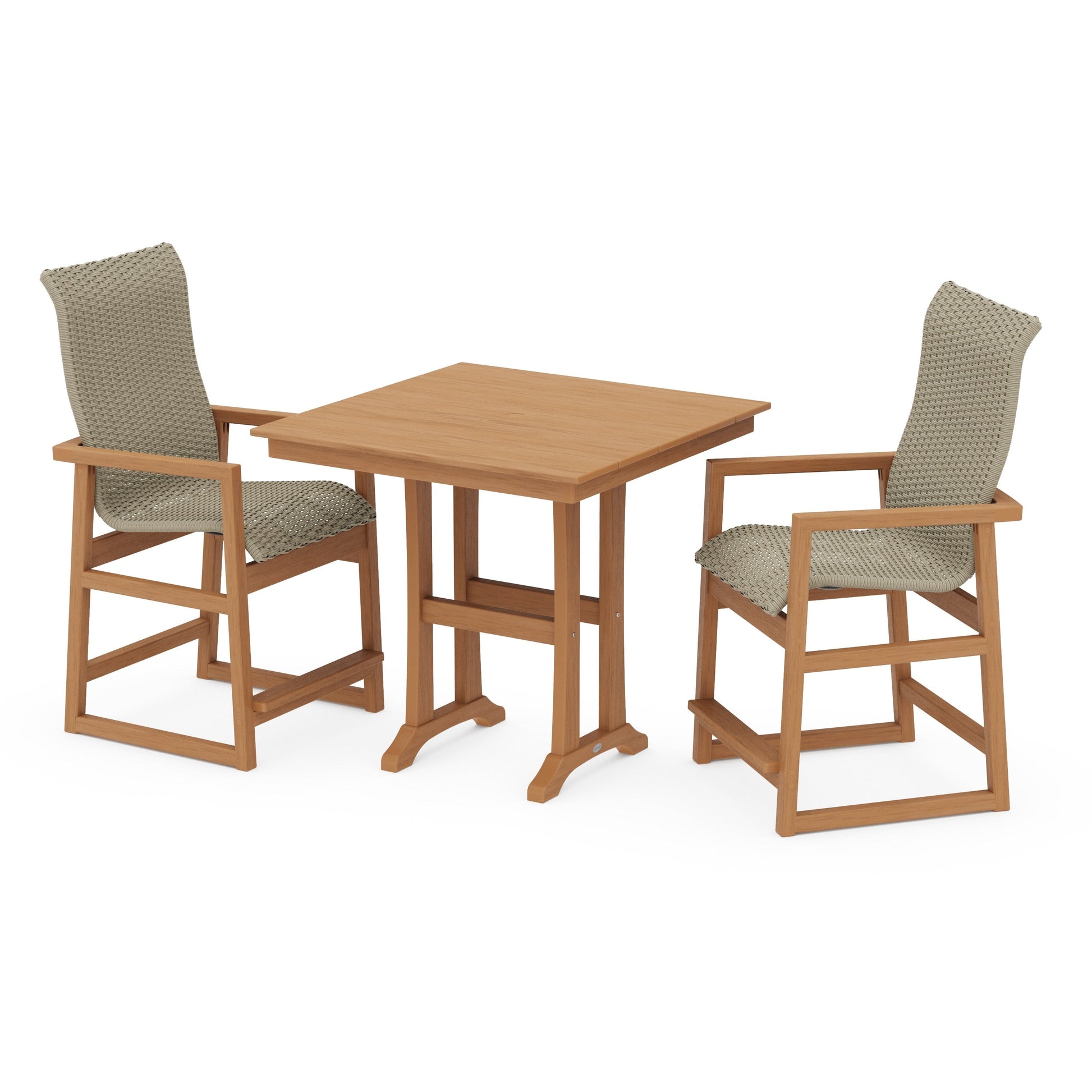 POLYWOOD EDGE Woven Highback 3-Piece Farmhouse Counter Set with Trestle Legs — Natural / Dune Grass