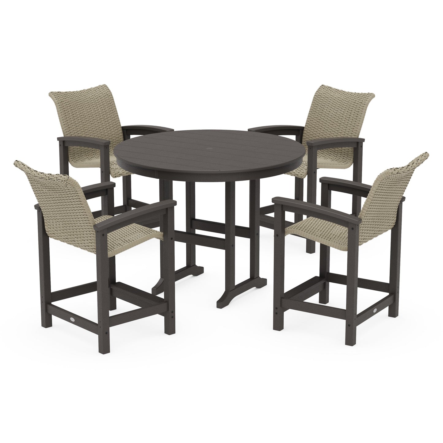 POLYWOOD Coastal Woven 5-Piece Round Farmhouse Counter Set — Vintage Coffee / Dune Grass