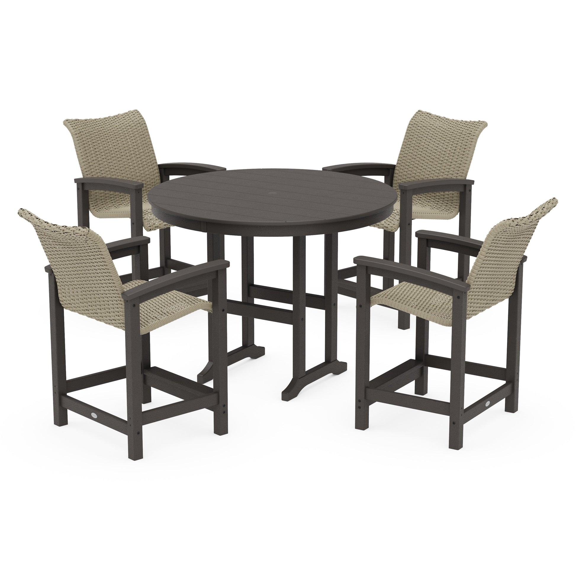 POLYWOOD Coastal Woven 5-Piece Round Farmhouse Counter Set — Vintage Coffee / Dune Grass